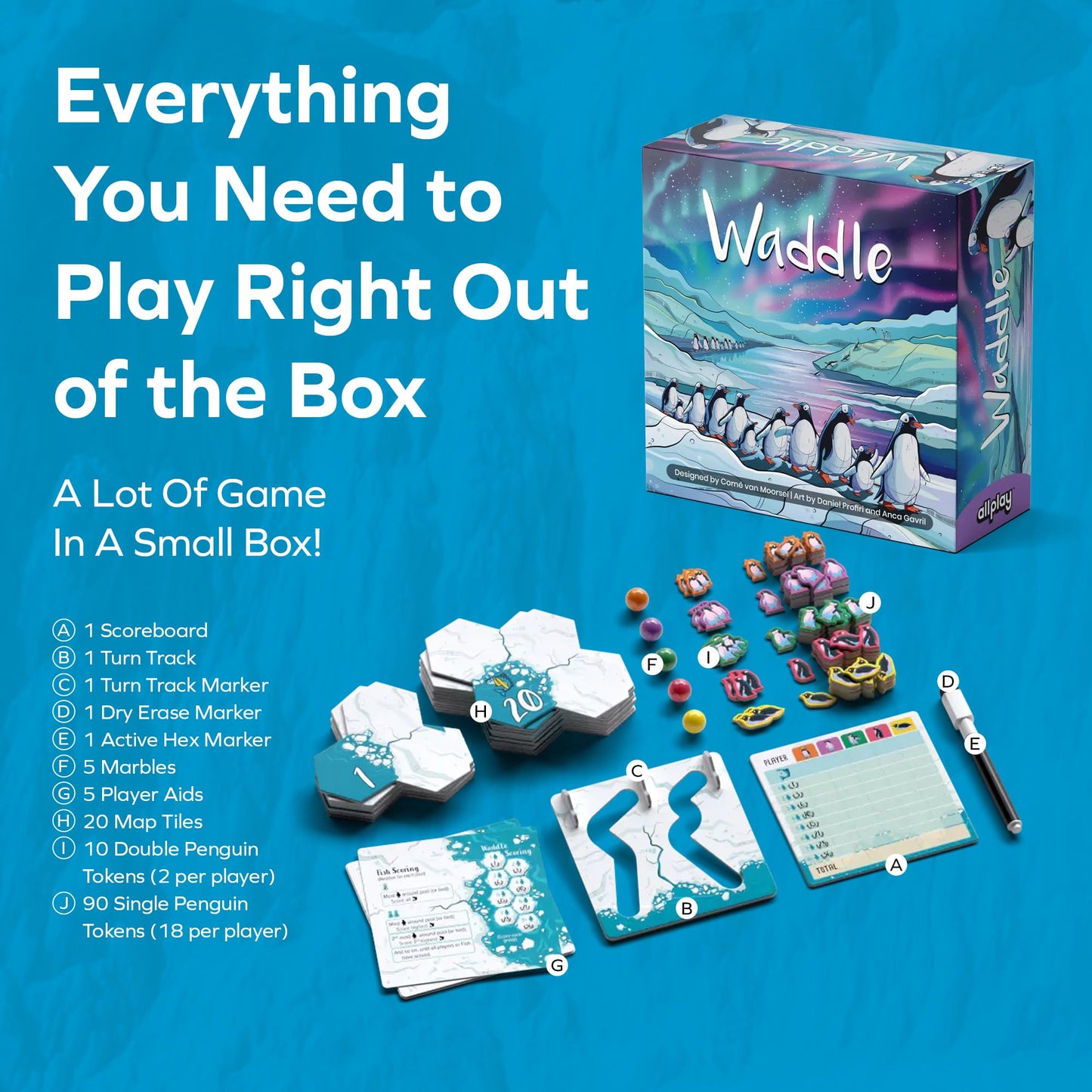 Allplay Waddle Board Game for Adults and Families - Connect Groups of Penguins to Claim The Most Fish - 1-Minute to Teach in A Small Box - 15 Min 2-5