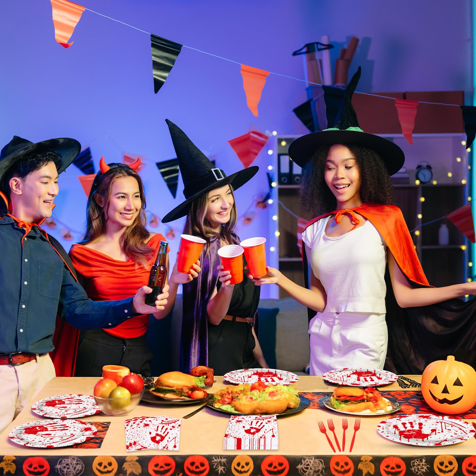 100 Pieces Halloween Bloody Party Tableware Set - Disposable Plates, Napkins, and Red Forks with Blood Handprint and Splatter Design for Halloween