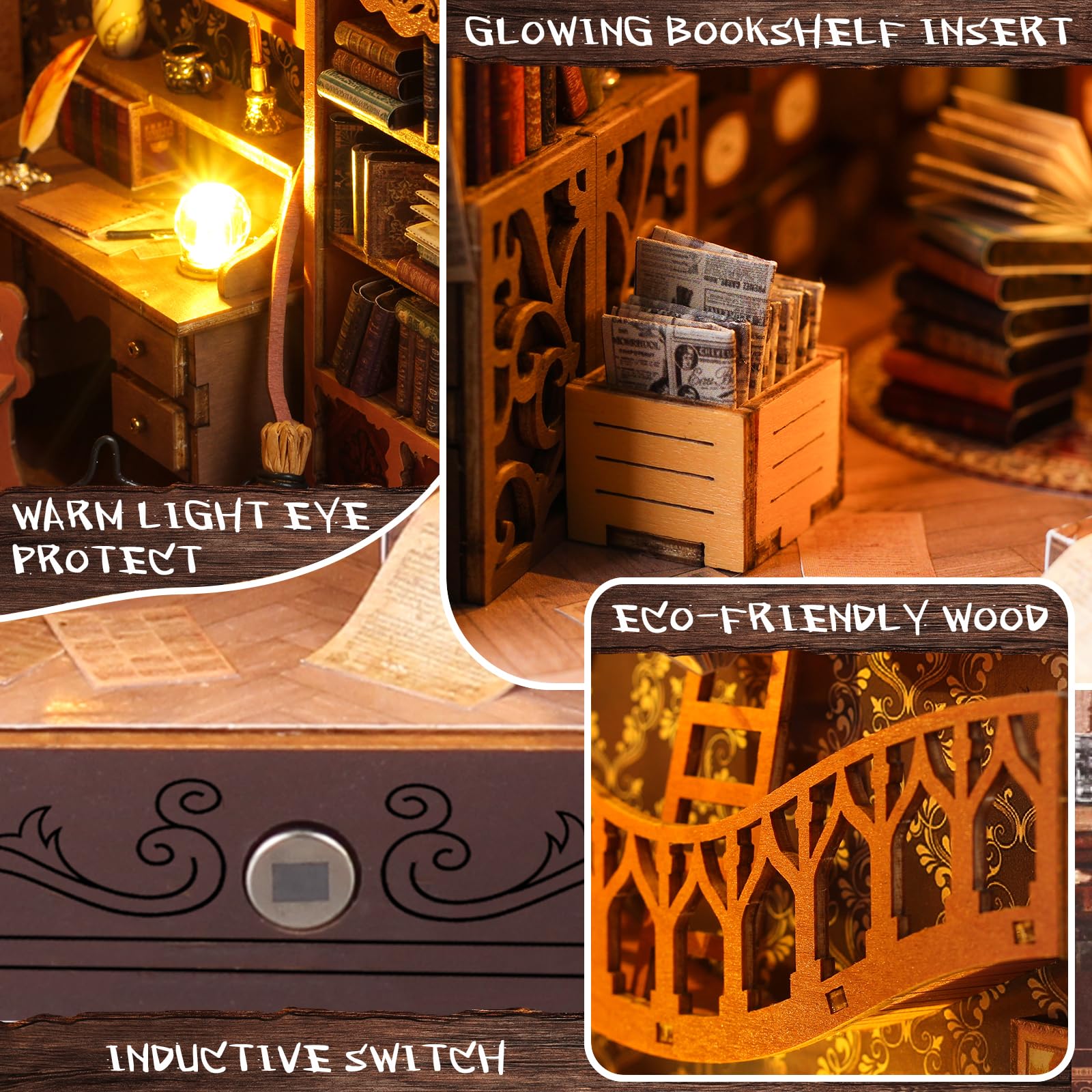 FASTSPOK DIY Book Nook Kit: 3D Wooden Puzzle Shelf Insert with LED Light - Miniature Dollhouse Bookend Decor for Adults and Teens - Creative Gift