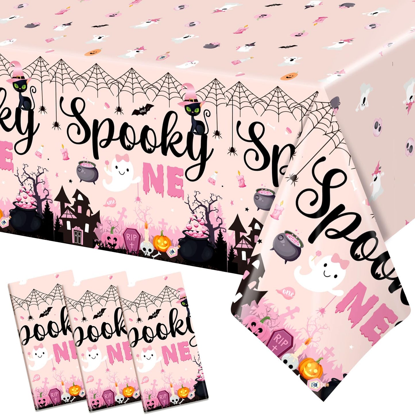 Yavxzvbw 3Pcs Spooky One Birthday Decorations Girl Pink Halloween Tablecloth Halloween 1st Birthday Party Decorations for Halloween Birthday