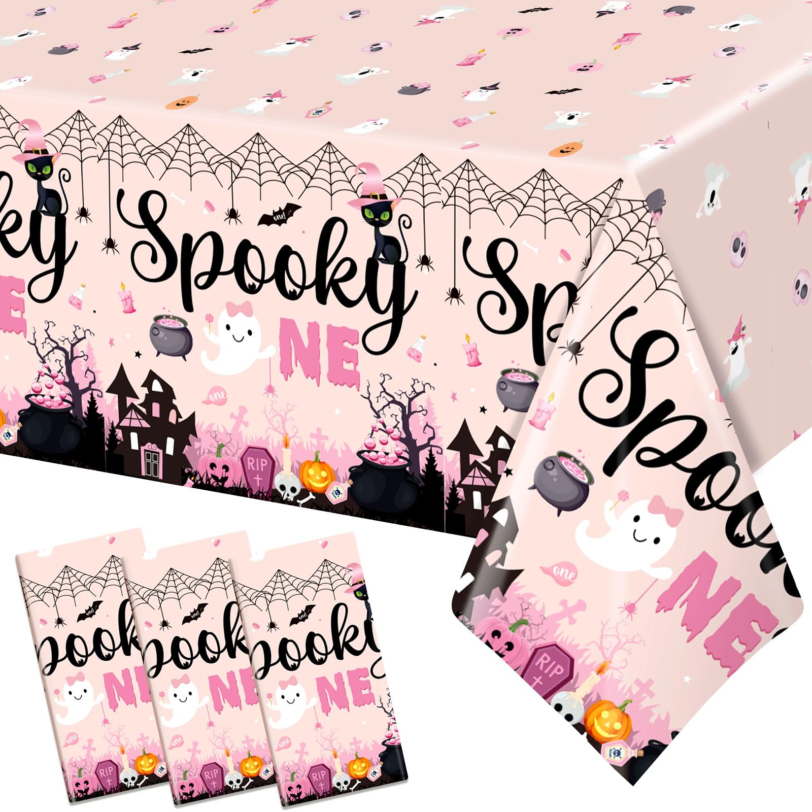 Yavxzvbw 3Pcs Spooky One Birthday Decorations Girl Pink Halloween Tablecloth Halloween 1st Birthday Party Decorations for Halloween Birthday