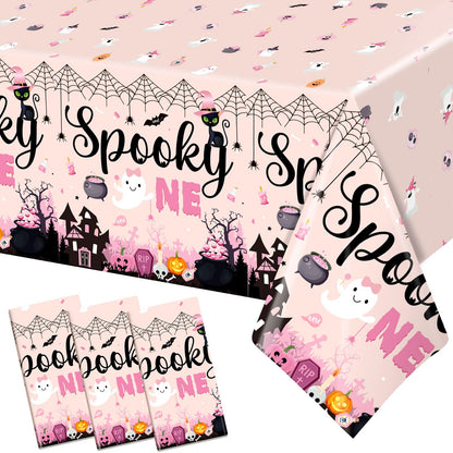Yavxzvbw 3Pcs Spooky One Birthday Decorations Girl Pink Halloween Tablecloth Halloween 1st Birthday Party Decorations for Halloween Birthday