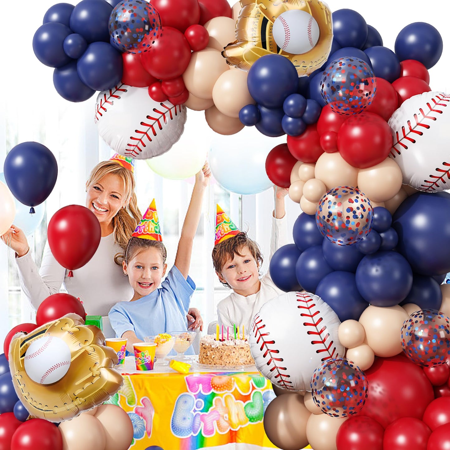 Baseball Balloon Arch Garland Kit,166Pcs Navy Blue Red Nude and Confetti Balloon with Baseball Foil Balloons for Summer Birthdays Party,Sports Theme