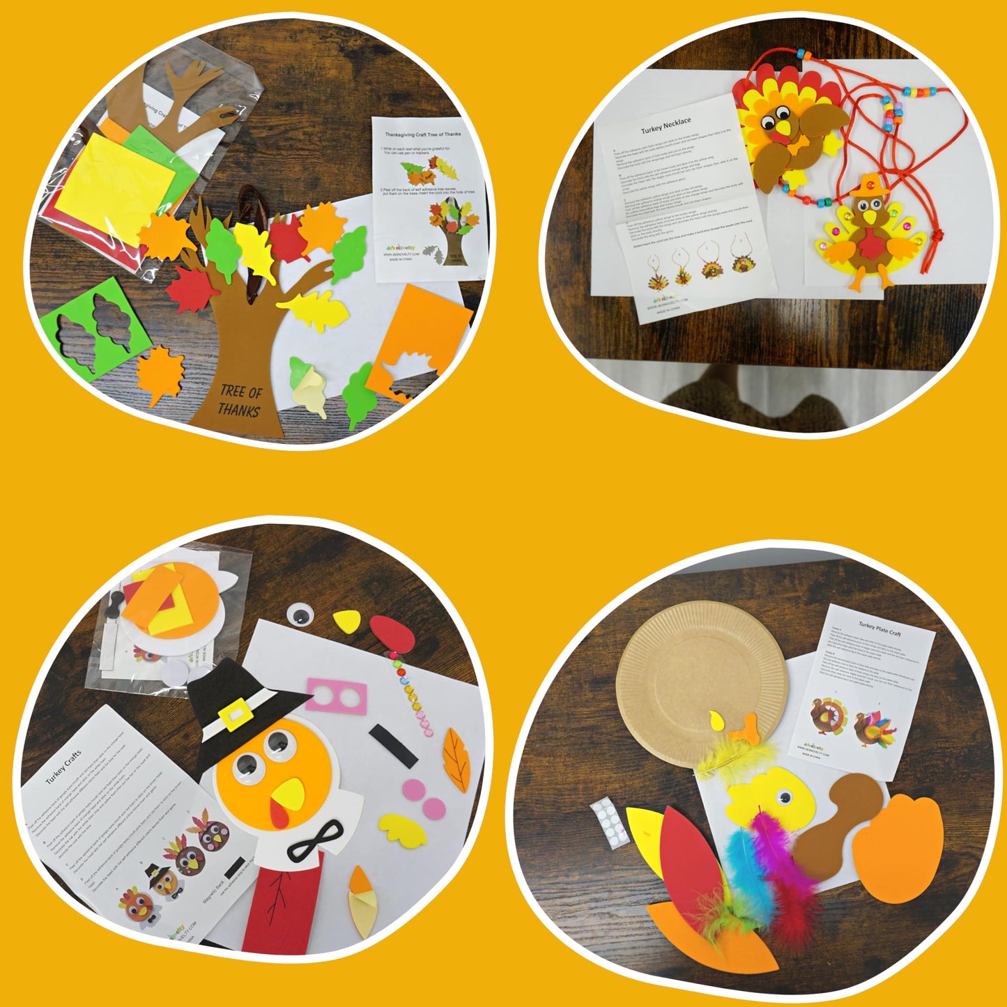 4E's Novelty Thanksgiving Craft for Kids (Makes 4) Includes - Foam Thankful Tree, Turkey Plate, Pilgrim Magnet, Turkey Necklace - Dinner Activity