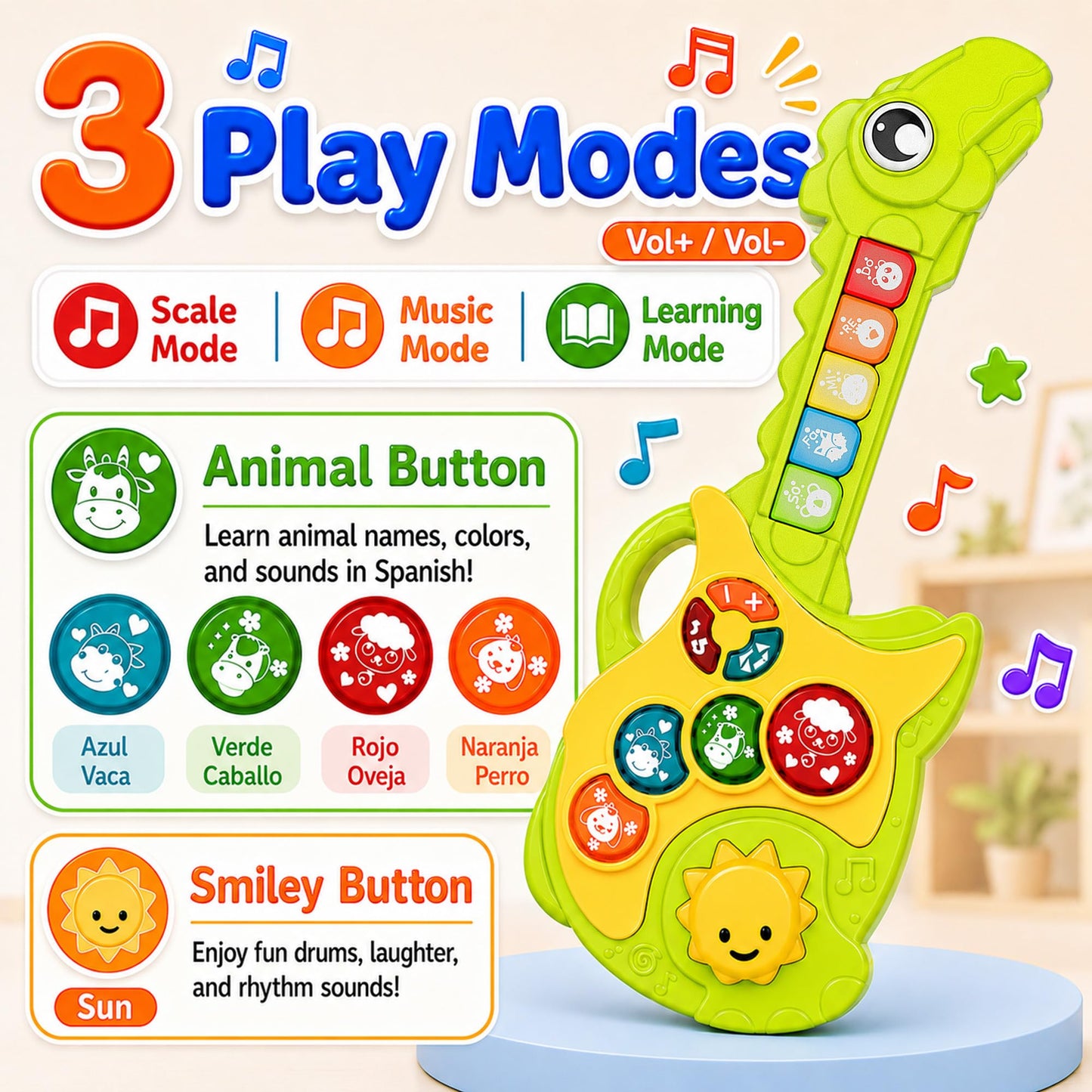 Toys for 1-3Year Old Boy Gift,2-in-1 Electric Guitars,12-18 Month with Spanish Animal Sound and Light Dinosaur Musical Guitar Piano Toys,Learning