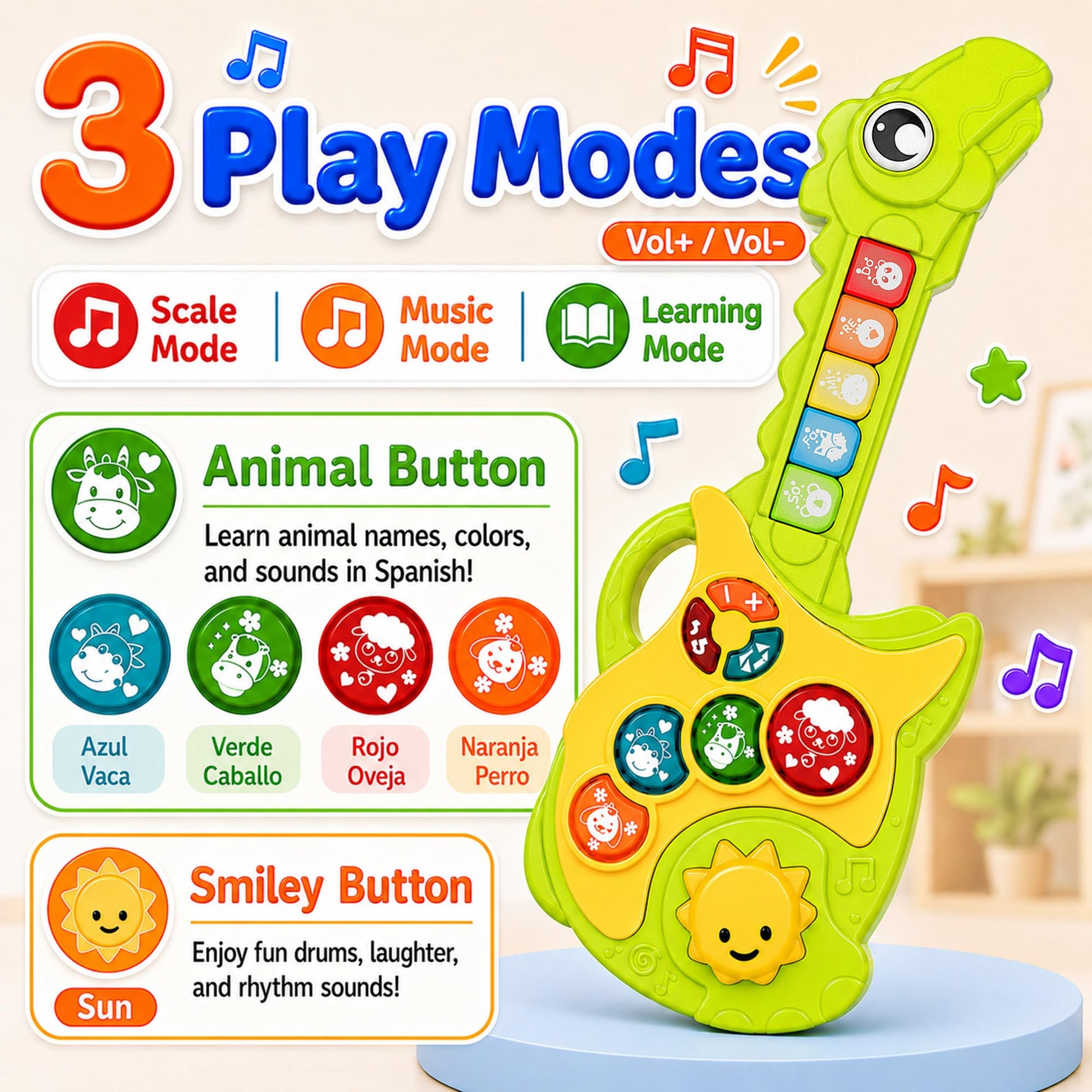 Toys for 1-3Year Old Boy Gift,2-in-1 Electric Guitars,12-18 Month with Spanish Animal Sound and Light Dinosaur Musical Guitar Piano Toys,Learning