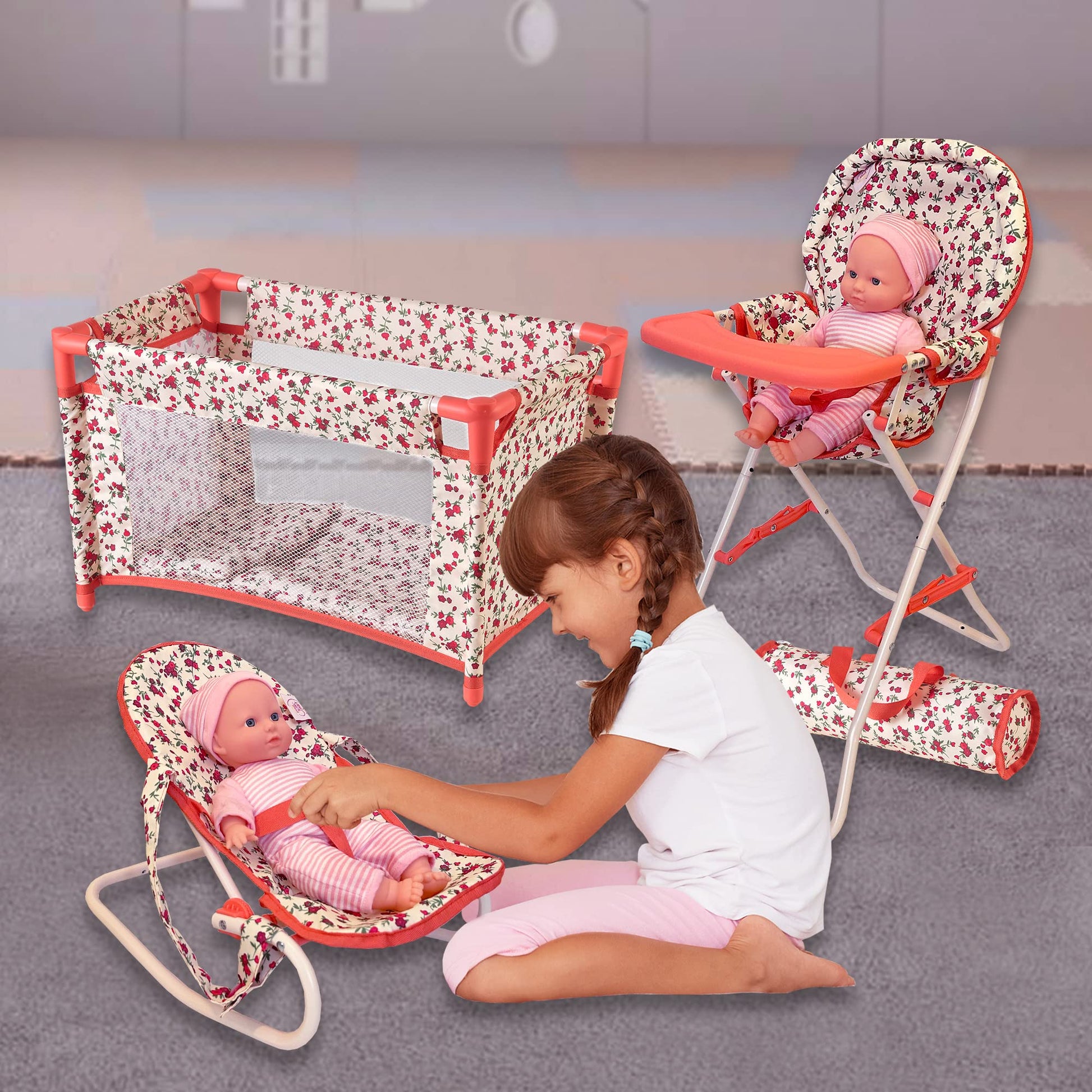 Floral Baby Doll Accessories Set, 3-1 Baby Doll Crib, Baby Doll High Chair & Bouncer Seat. 18 inch Doll Accessories with Doll Bed. 18" Dolls Furniture