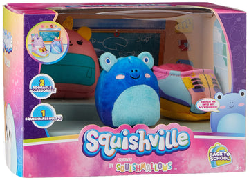 Squishville by Original Squishmallows Back to School Accessory Set - Includes 2-Inch Alandy The Blue Frog Plush, Plus Sneakers, Backpack Accessories