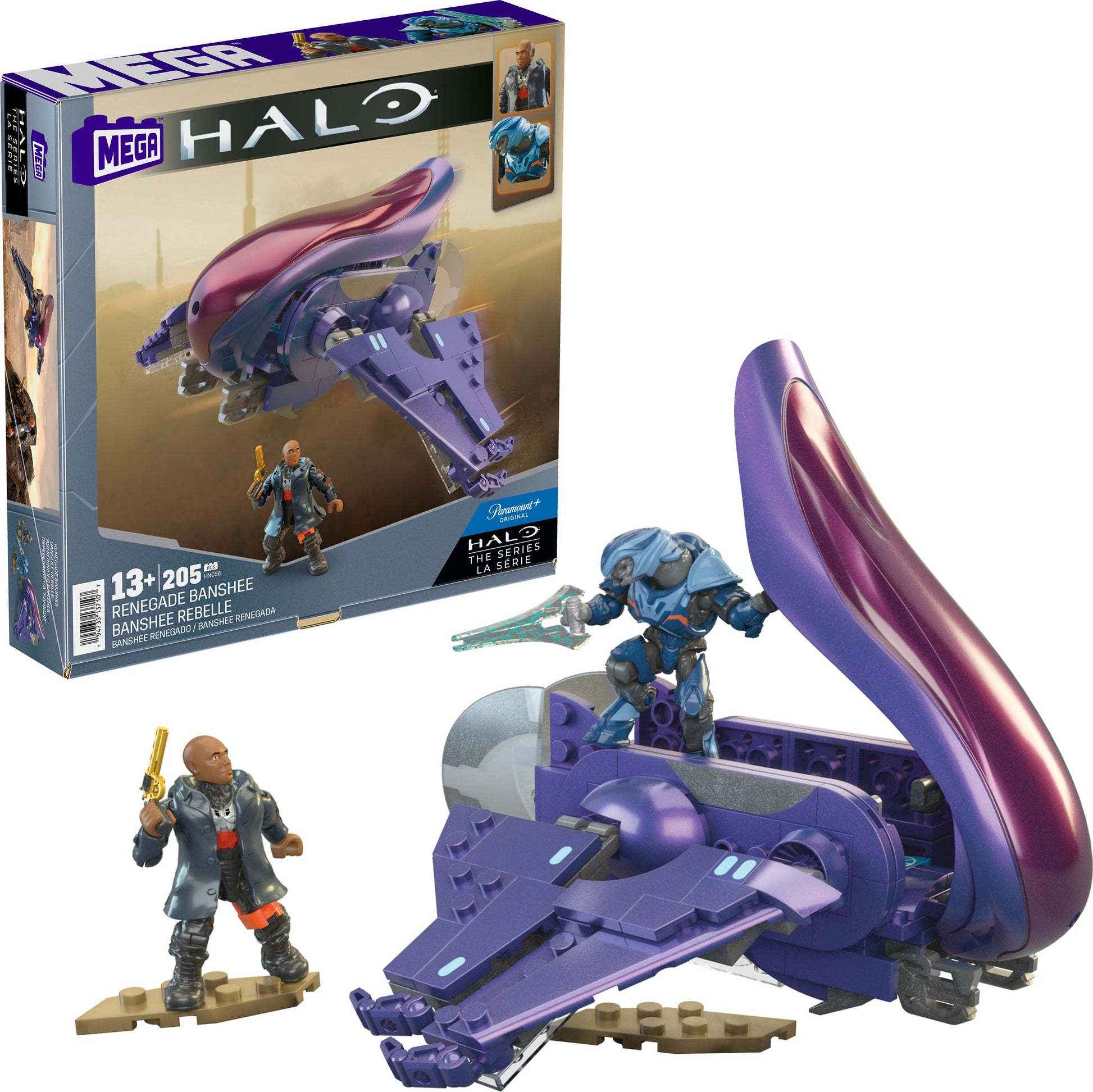 MEGA Halo the Series Vehicle Building Toys Set, Renegade Banshee Aircraft with 205 Pieces, 2 Micro Action Figures, Purple, Kids and Fans