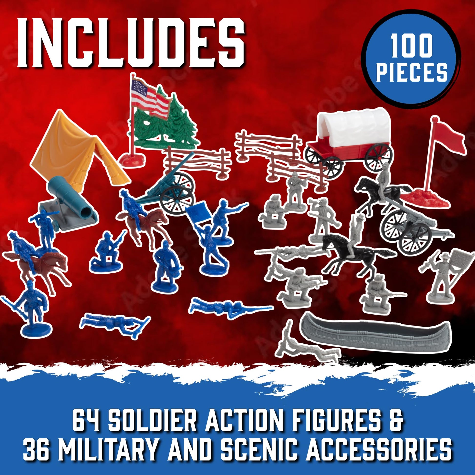 Civil War Army Men Toy Soldier Action Figure Playset-100pcs Including Confederate & Union Soldiers, Cannons, Wagons, Rideable Horses, Terrain