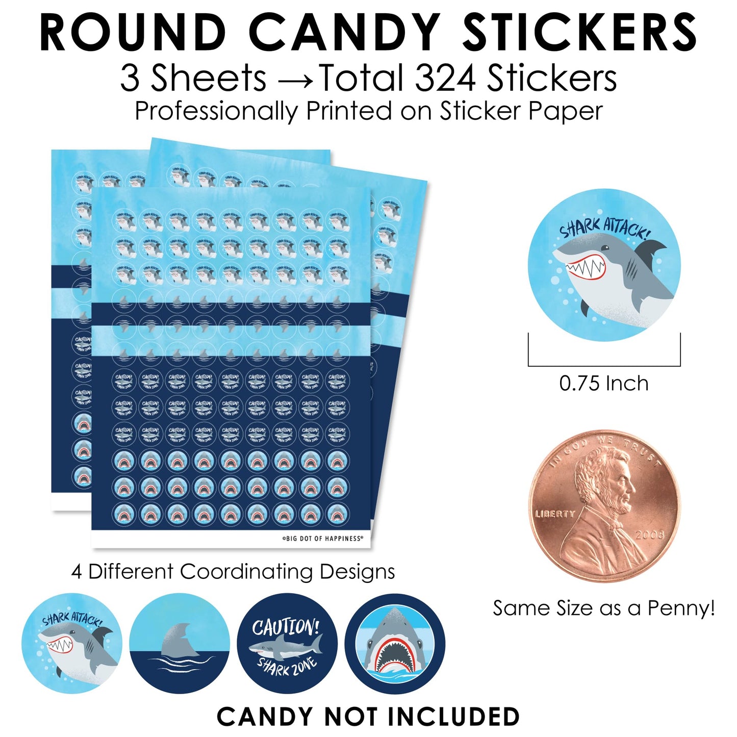 Big Dot of Happiness Shark Zone - Jawsome Shark Party or Birthday Party Small Round Candy Stickers - Party Favor Labels - 324 Count