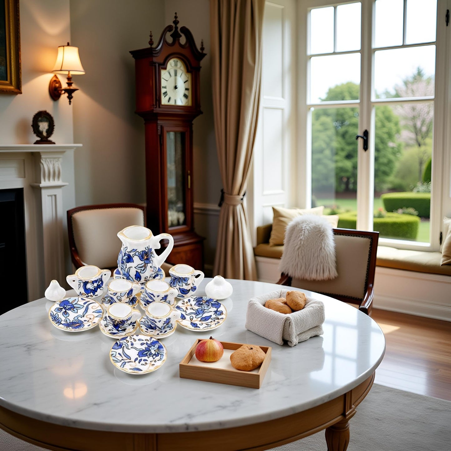 15 Pcs Blue 1:12 Miniature Porcelain Chintz Tea Cup Set Dollhouse Accessories