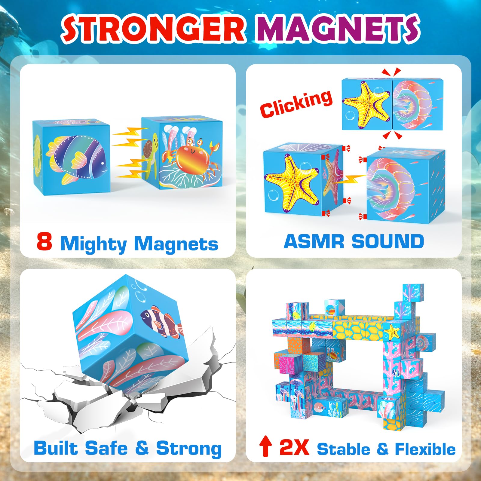 OOIEWPQ 70PCS Magnetic Building Blocks for Kids Ages 4-8, Light-Up Transparent Magnet Cubes for Ocean World Build, STEM Toys for Boys Girls Toddlers