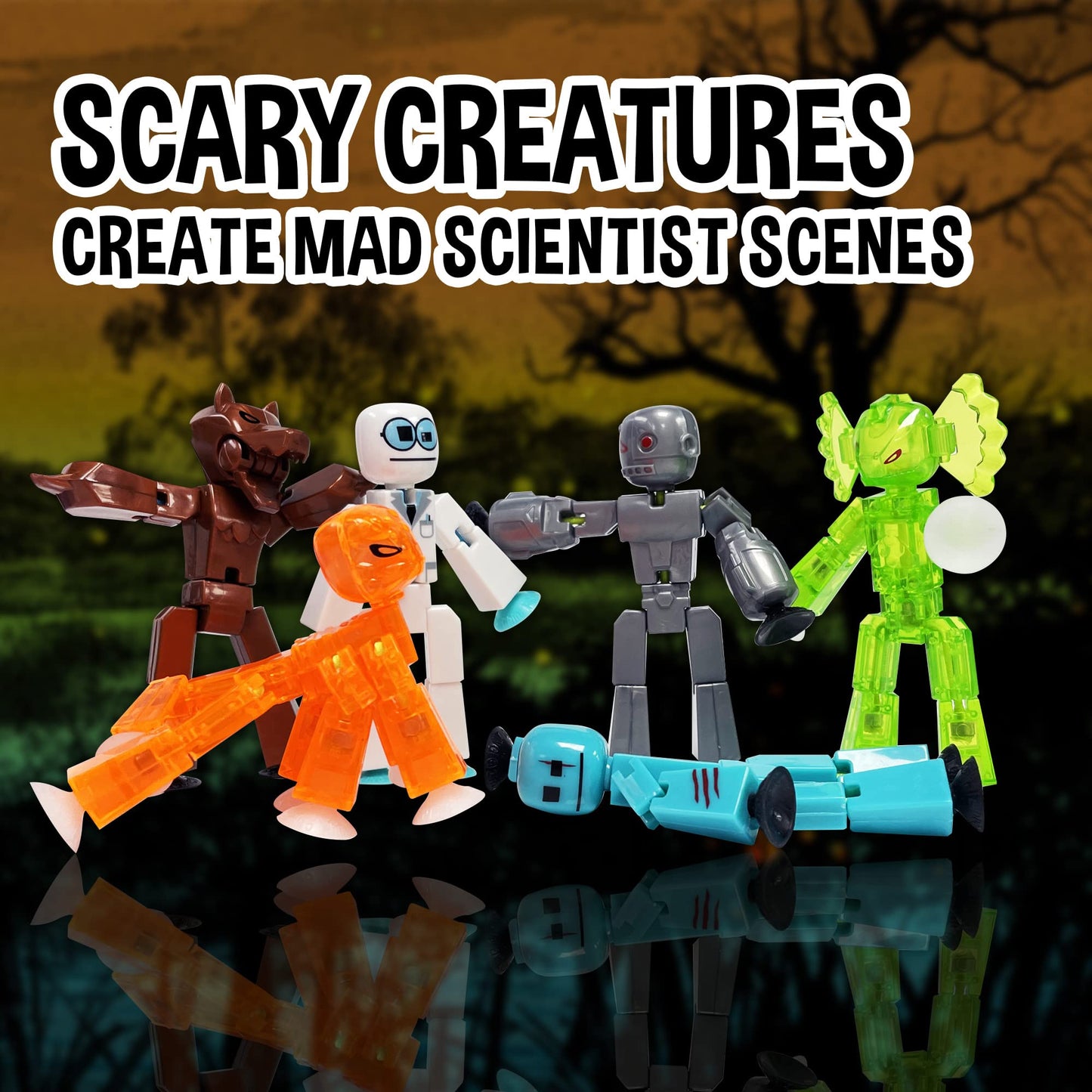 Zing Stikbot Monster Werewolf & Cyborg Pack, Set of 6 Stikbot Collectable Monster Action Figures, Stop Motion Animation, Great for Kids Ages 4 and Up