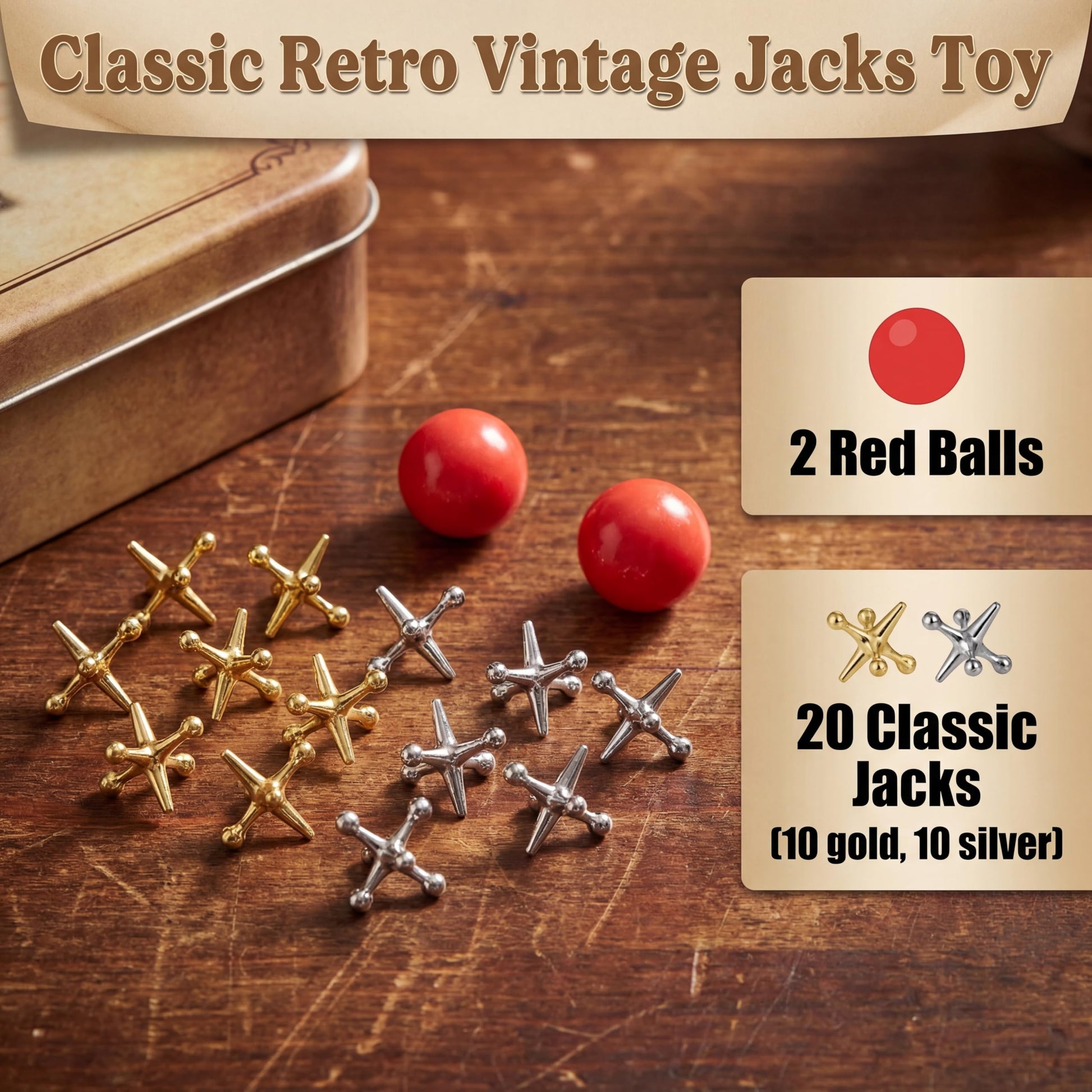 Gejoy 2 Sets Metal Jacks Game with Ball 2 Pieces Red Rubber Balls and 20 Pieces Classic Retro Vintage Jacks Toy for Kids and Adults for Birthday Party