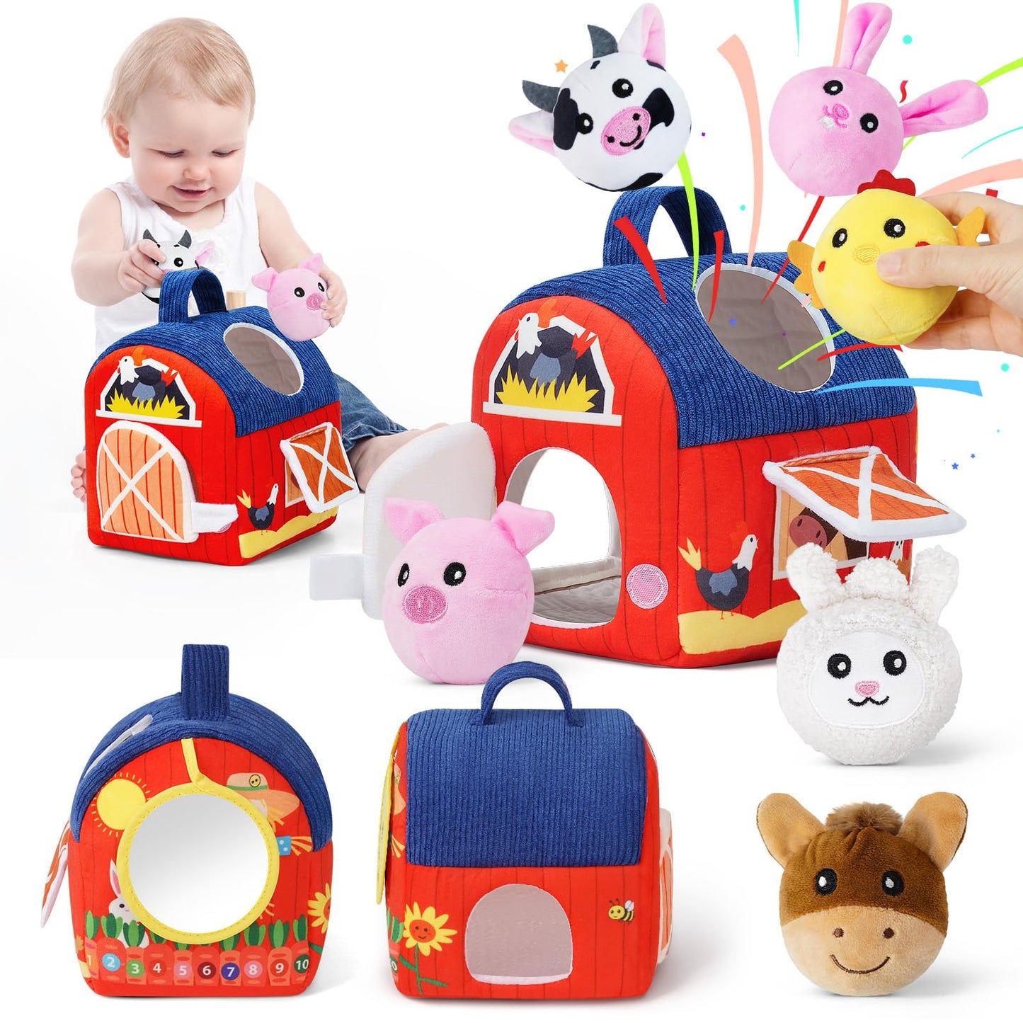 Soft Barn Baby Toys 6-12 Months with Stuffed Farm Animals, Rattle Squeaky Crinkle Sound & Mirror, Montessori Sensory Plush Infant Toy for 6 7 8 9 10