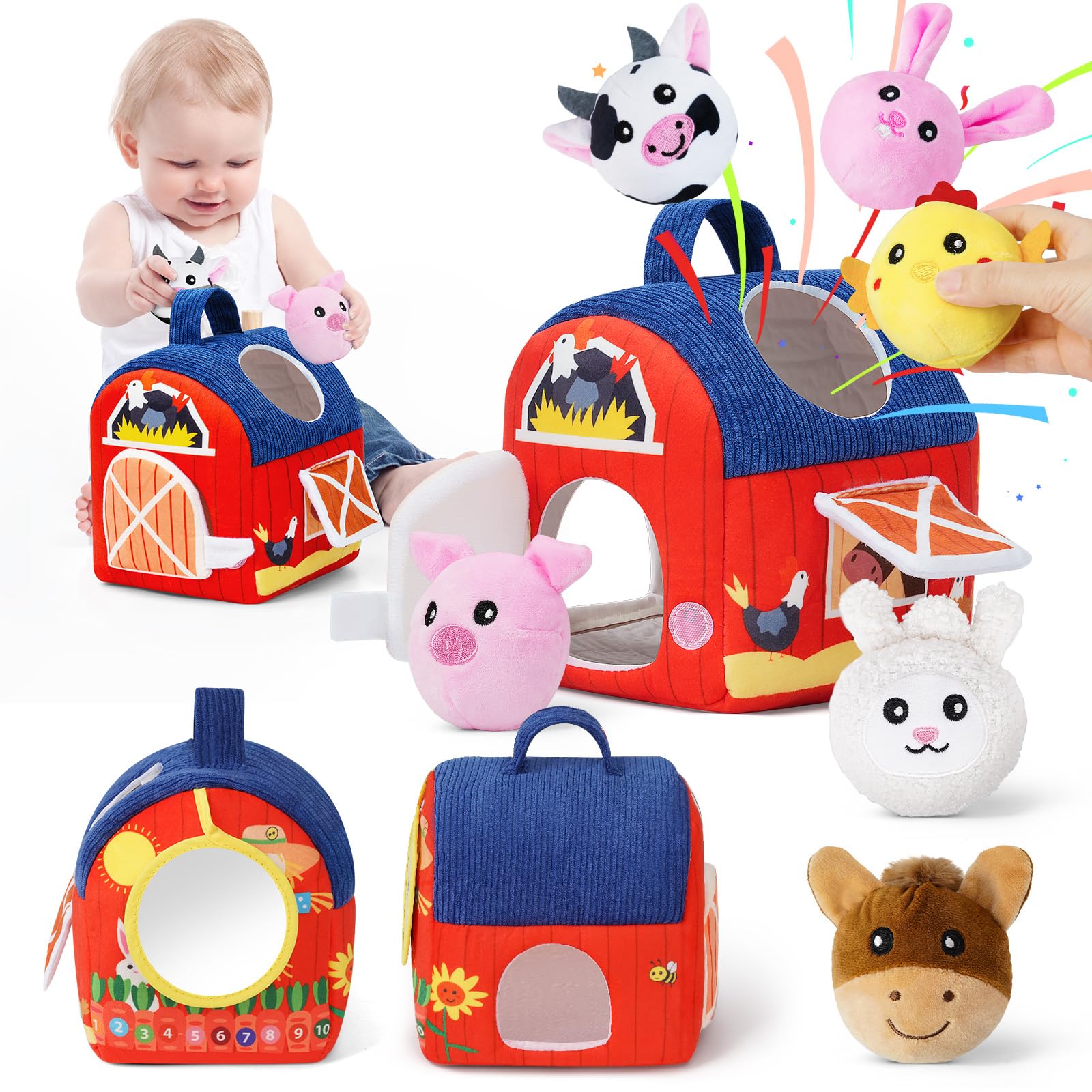 Soft Barn Baby Toys 6-12 Months with Stuffed Farm Animals, Rattle Squeaky Crinkle Sound & Mirror, Montessori Sensory Plush Infant Toy for 6 7 8 9 10