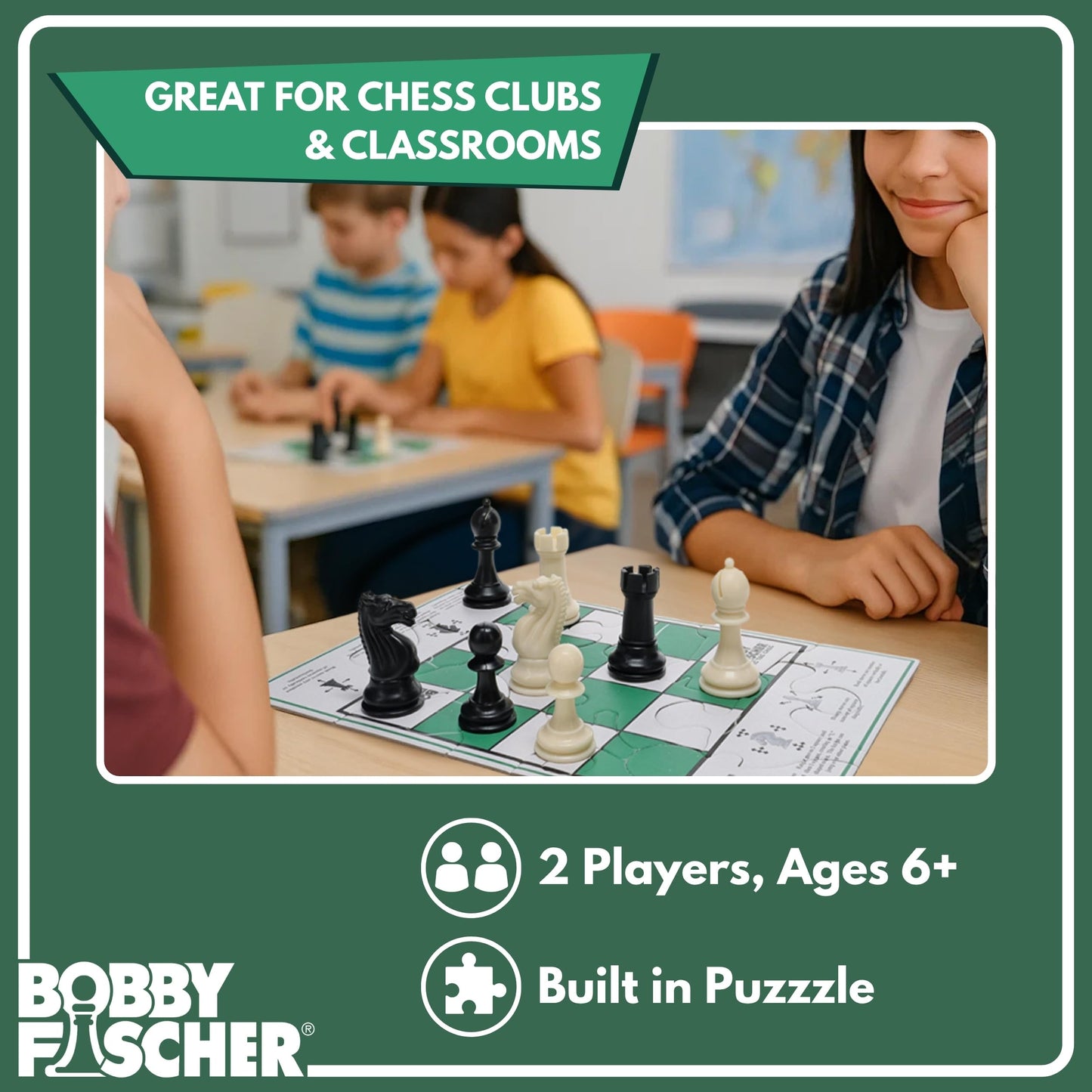 Bobby Fischer Tic Tac Chec, 2-Player Chess Strategy Game, Tic Tac Toe & Chess Combination Game, 4x4 Board with Illustrated Move Guide