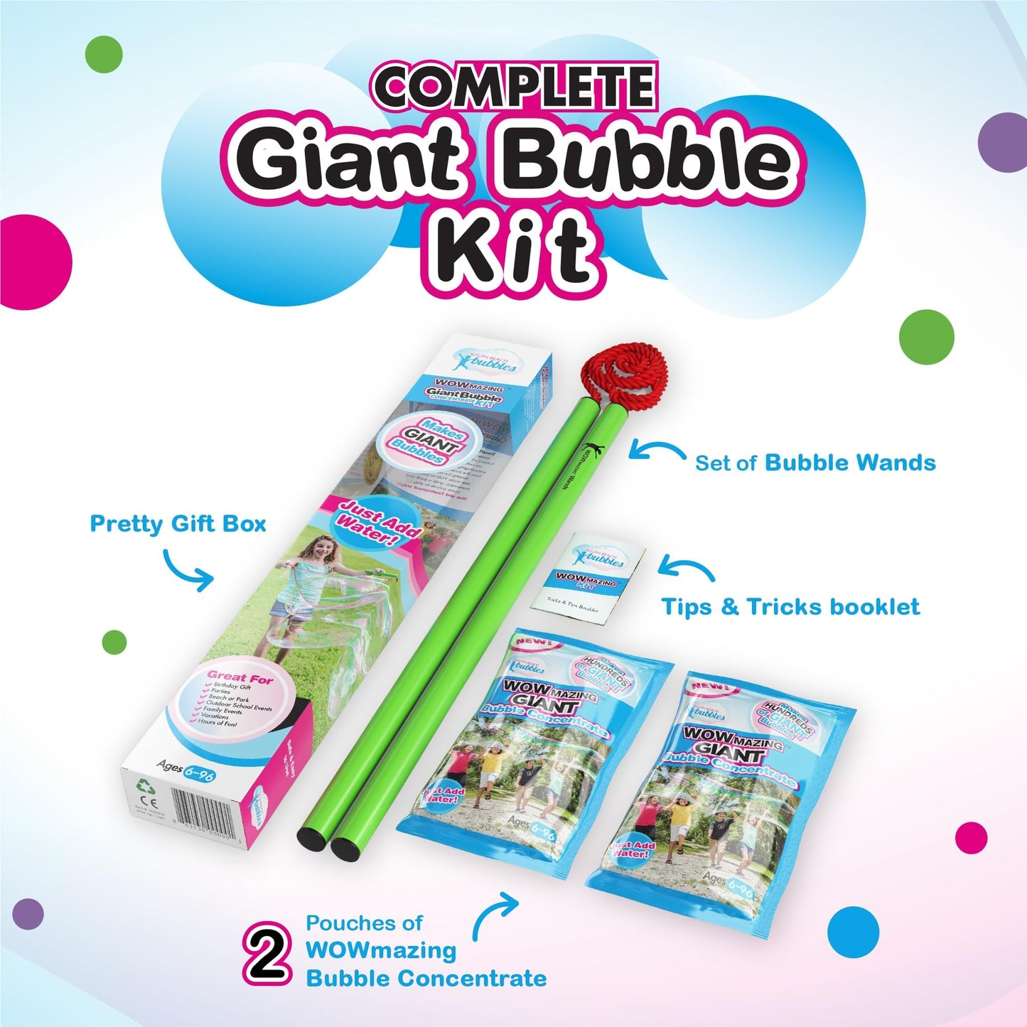 WOWmazing Giant Bubble Wands Kit: (4-Piece Set) | Incl. Wand, Big Bubble Concentrate and Tips & Trick Booklet | Outdoor Toy for Kids, Boys, Girls |