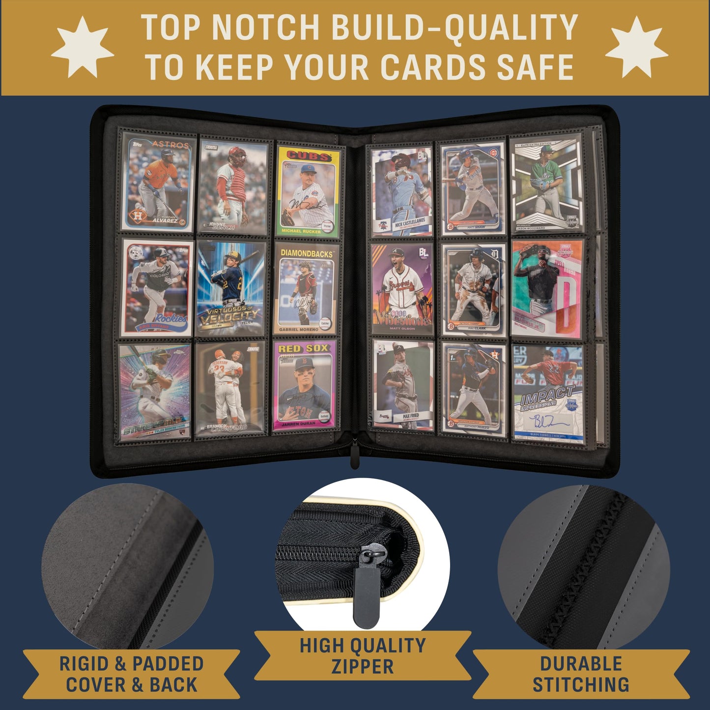 Baseball Card Binder - Stunning 3D Raised & Hand Colorwashed PU Leather Binder - 9 Pocket Album w Zipper - 360 Side Loading Sleeves Book for Baseball