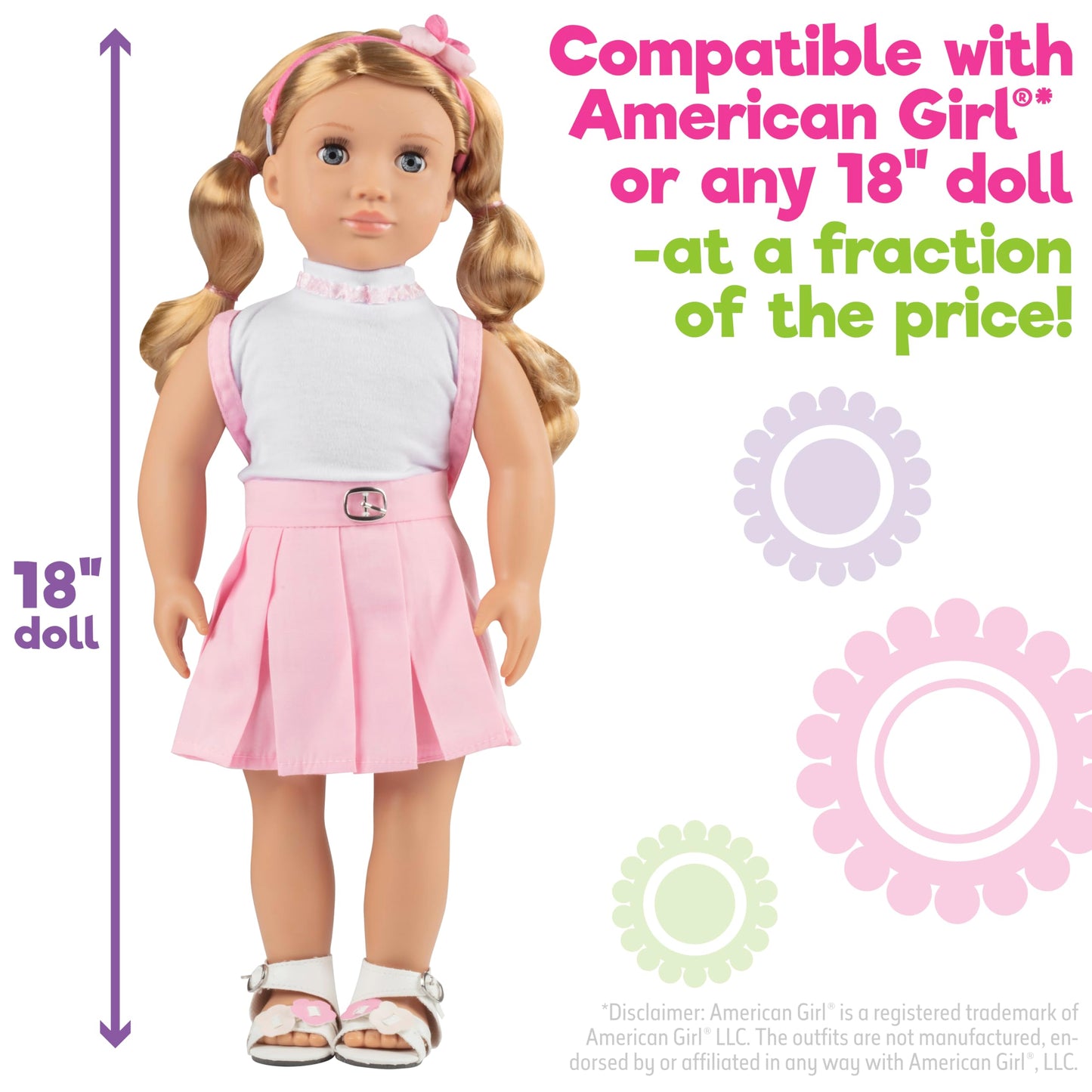 5pc Casual School 18" Doll Outfit w Pink Backpack- Compatible with American Girl- Premium Handmade Pink Preppy Clothes & Accessories Set Includes