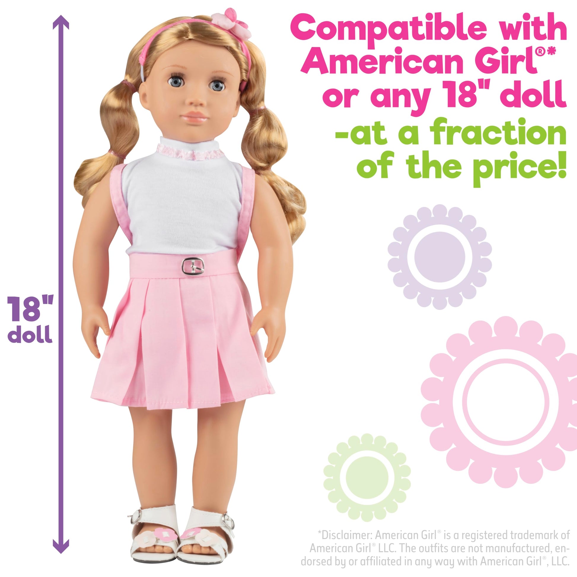 5pc Casual School 18" Doll Outfit w Pink Backpack- Compatible with American Girl- Premium Handmade Pink Preppy Clothes & Accessories Set Includes