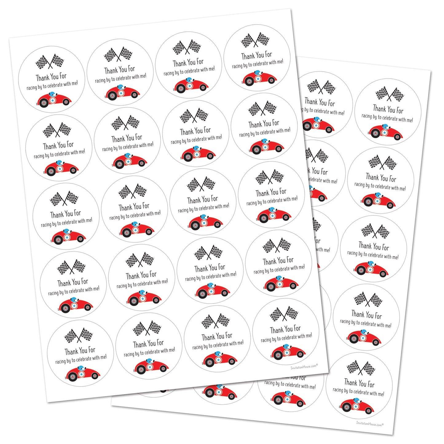 Race Car Birthday Thank You Faovor Stickers, 2-Inch Round - Set of 40