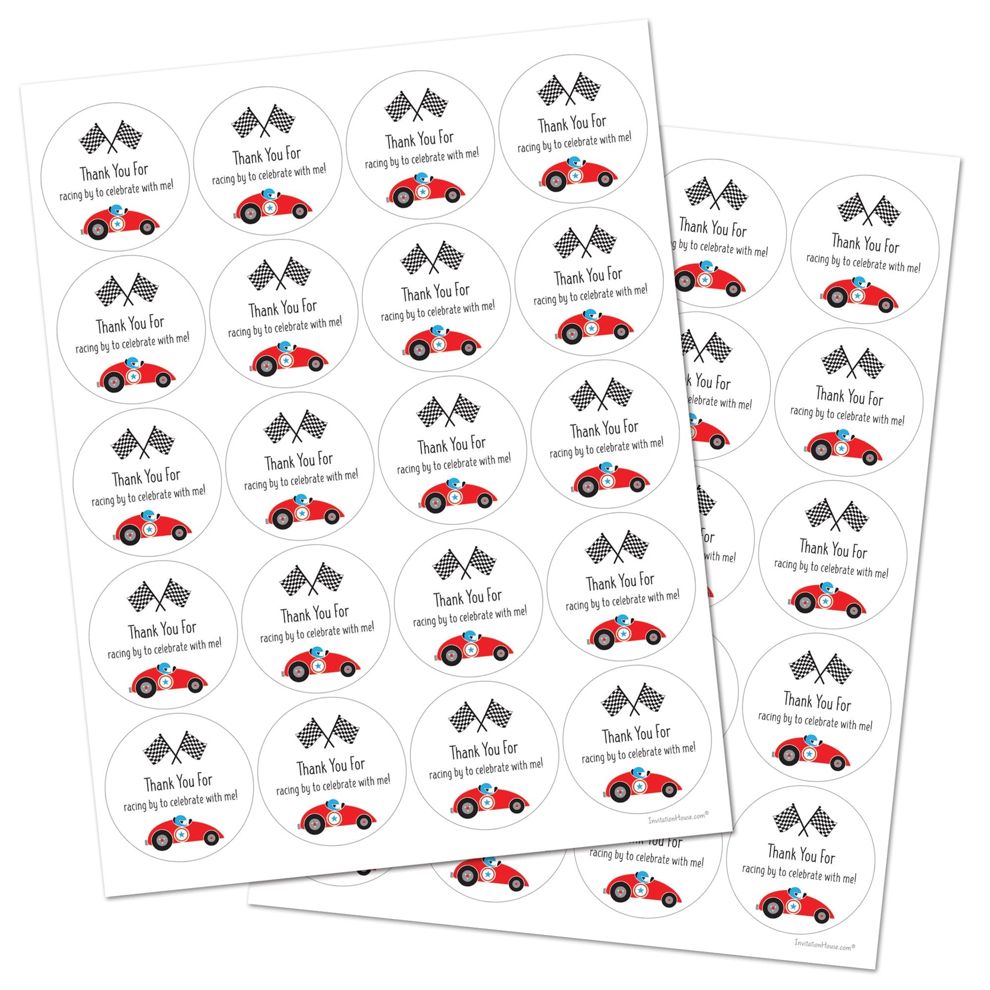 Race Car Birthday Thank You Faovor Stickers, 2-Inch Round - Set of 40