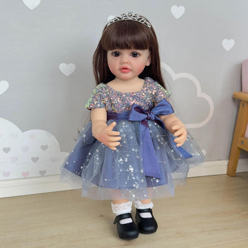 22 Inch Real Life Reborn Baby Doll Girl Full Body Vinyl Real Baby Size Long Hair Lifelike Brown Hair Anatomically Correct Realistic Newborn Princess