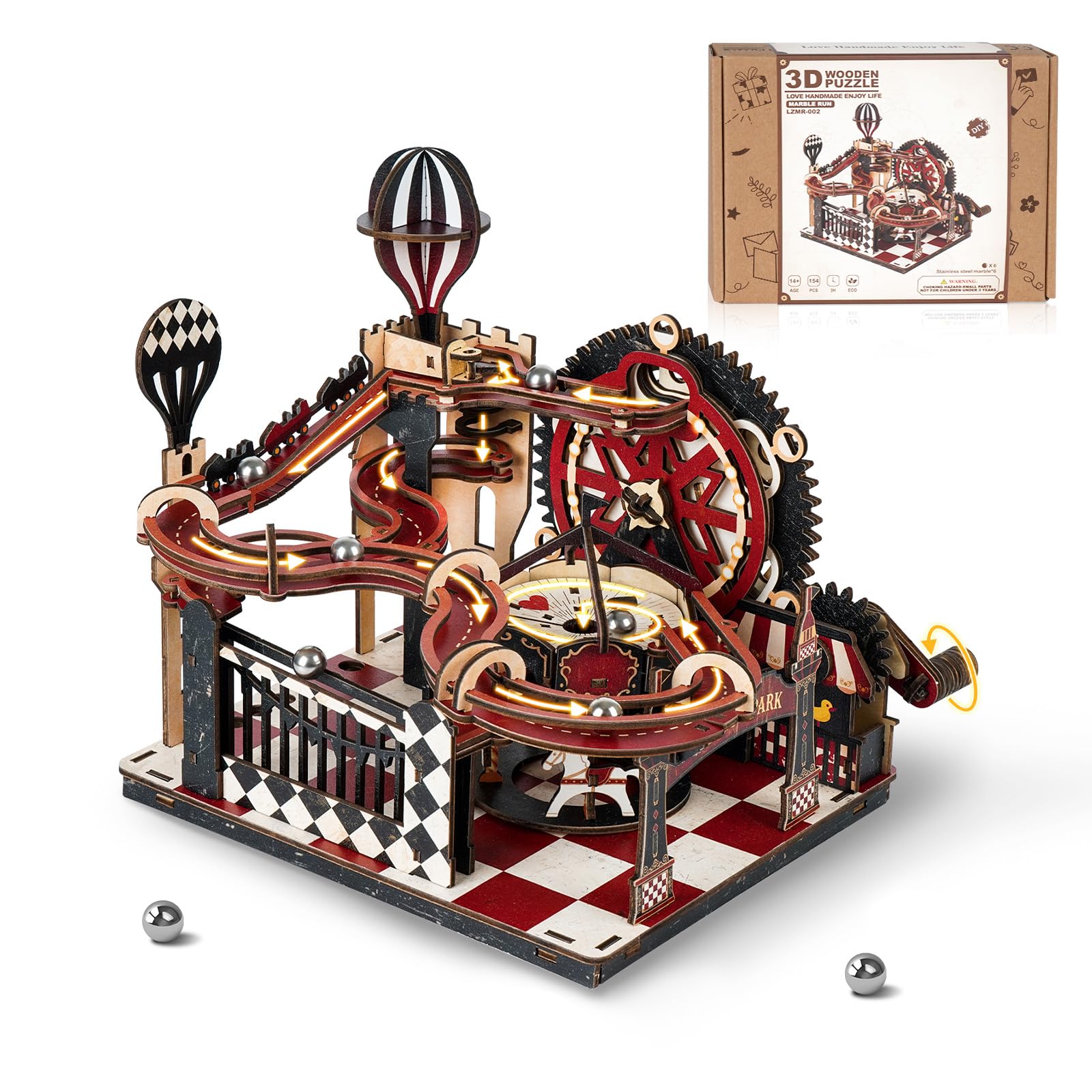 Rnfinewow 3D Puzzles for Adults, Fantasy Land Wooden Marble Run Mechanical Model Building Kits for Adults to Build, Wooden Puzzles Gear Ball Building