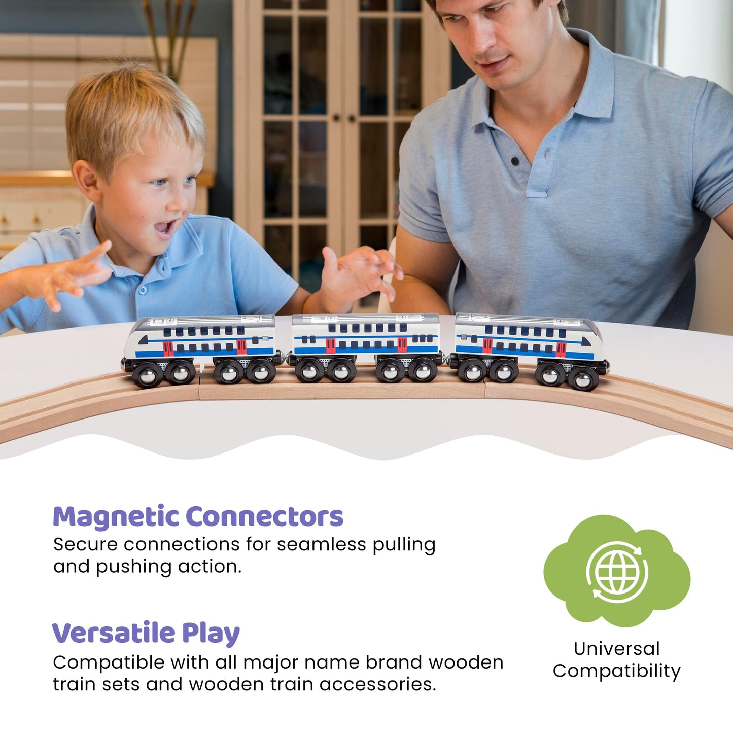 Maxim Enterprise, inc. Double Decker Wooden Train Set of 2 Engines & 1 Passenger Car, Multi-Level Commuter Transit Toy, Compatible with Thomas