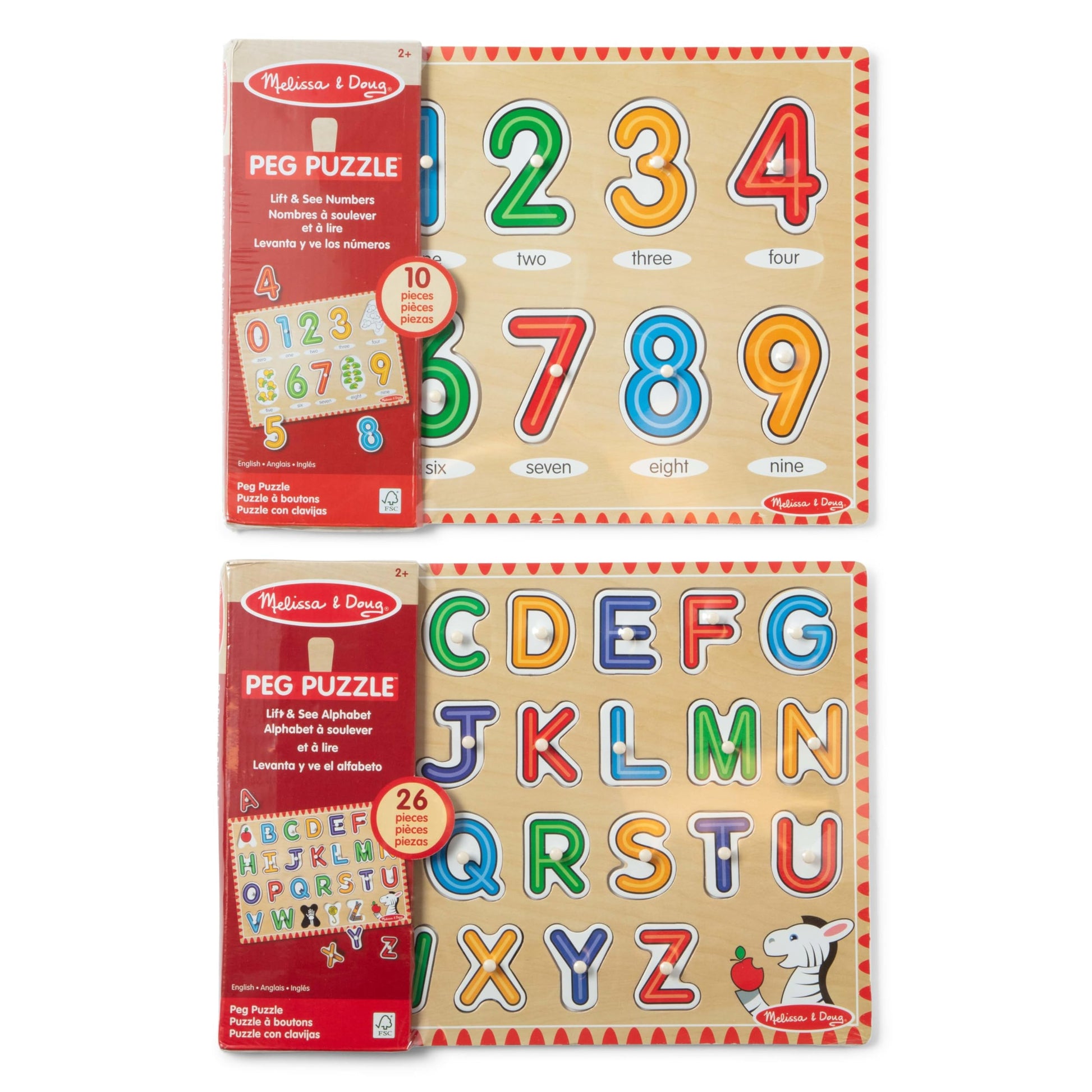 Melissa & Doug Wooden Lift & See Peg Puzzle Early Learning 2-Pack for Girls and Boys - Alphabet, Numbers