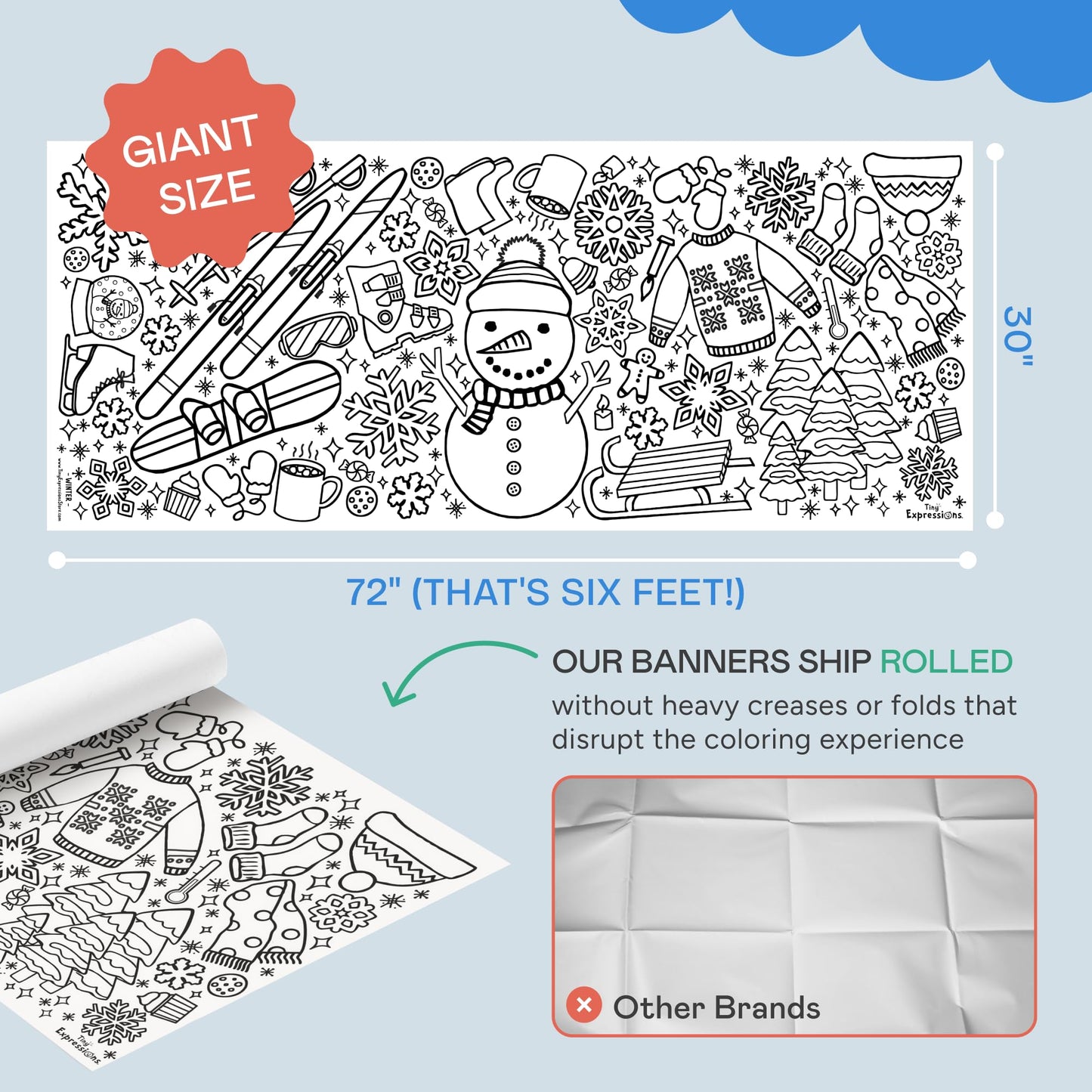 Tiny Expressions Winter Coloring Poster - Rolled, No Creases 30" x 72" Giant Coloring Table Cloth to Color On