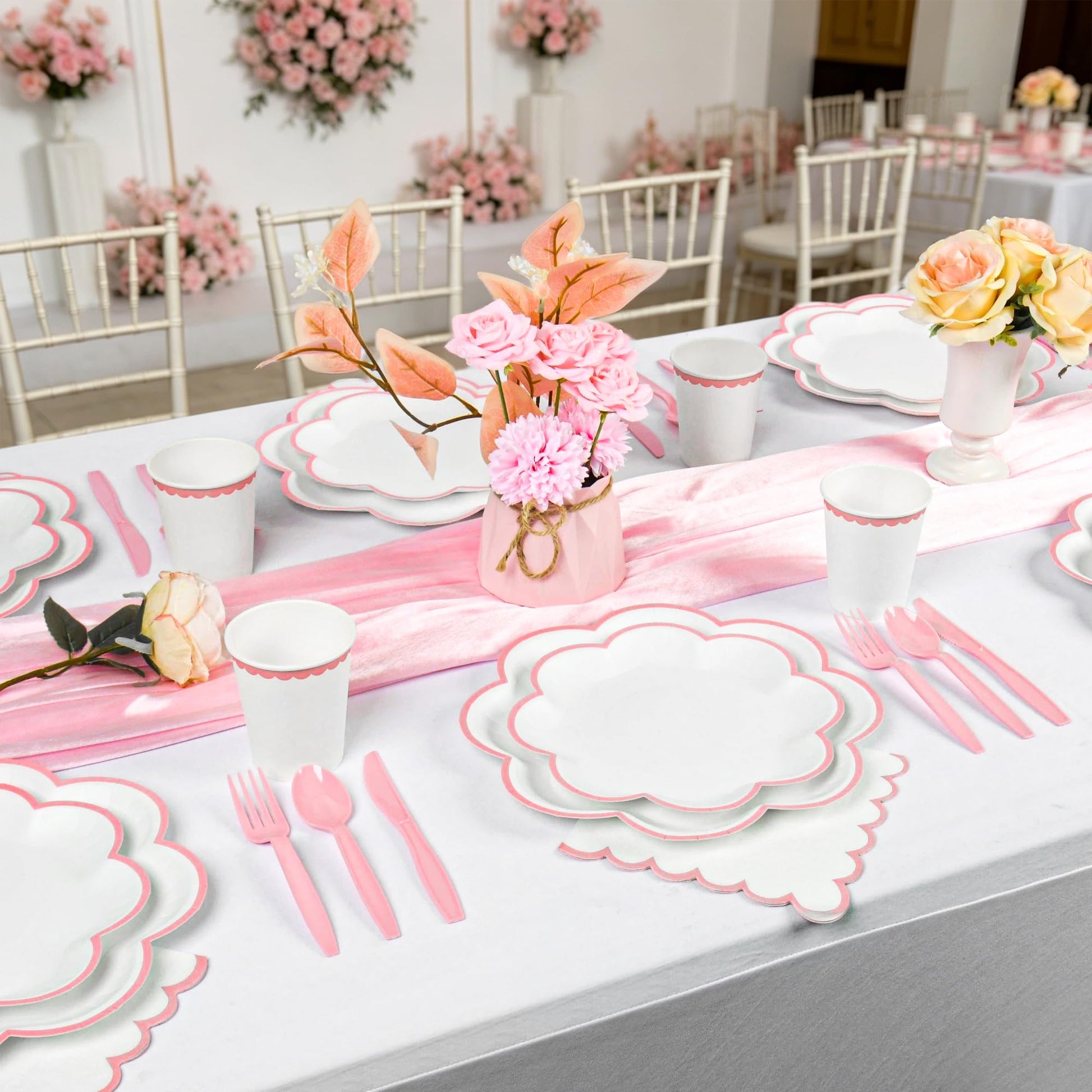 350 Pcs Pink and White Paper Plates and Napkins Set, 10" White Dinner Plates with Pink Scalloped Edge, 8" Scalloped Dessert Plate, Napkins, Cups