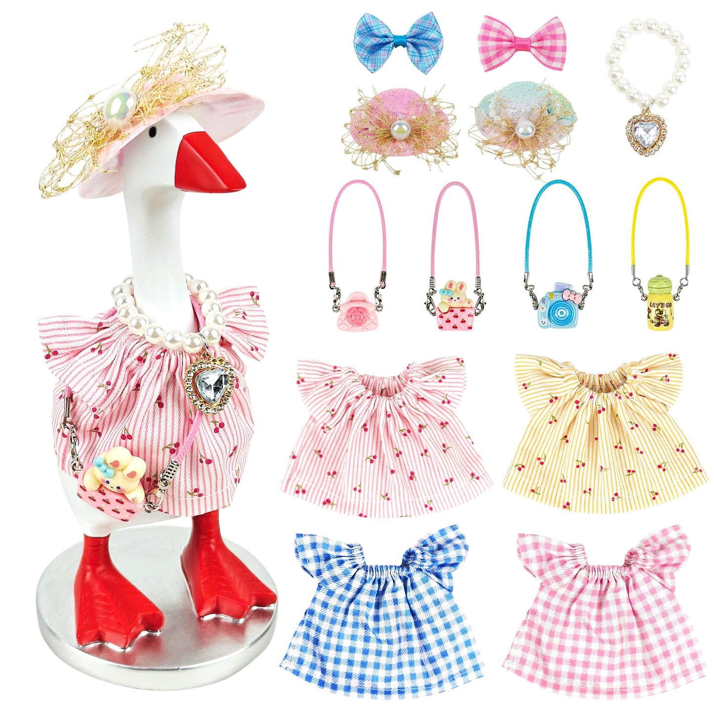 4 Sets 7 Inches Desk Goose Summer Outfits , Mini Desktop Goose Clothes Set - Includes Felt Hats, Sunglasses, Bags, Cute T-Shirts, Water Bottle