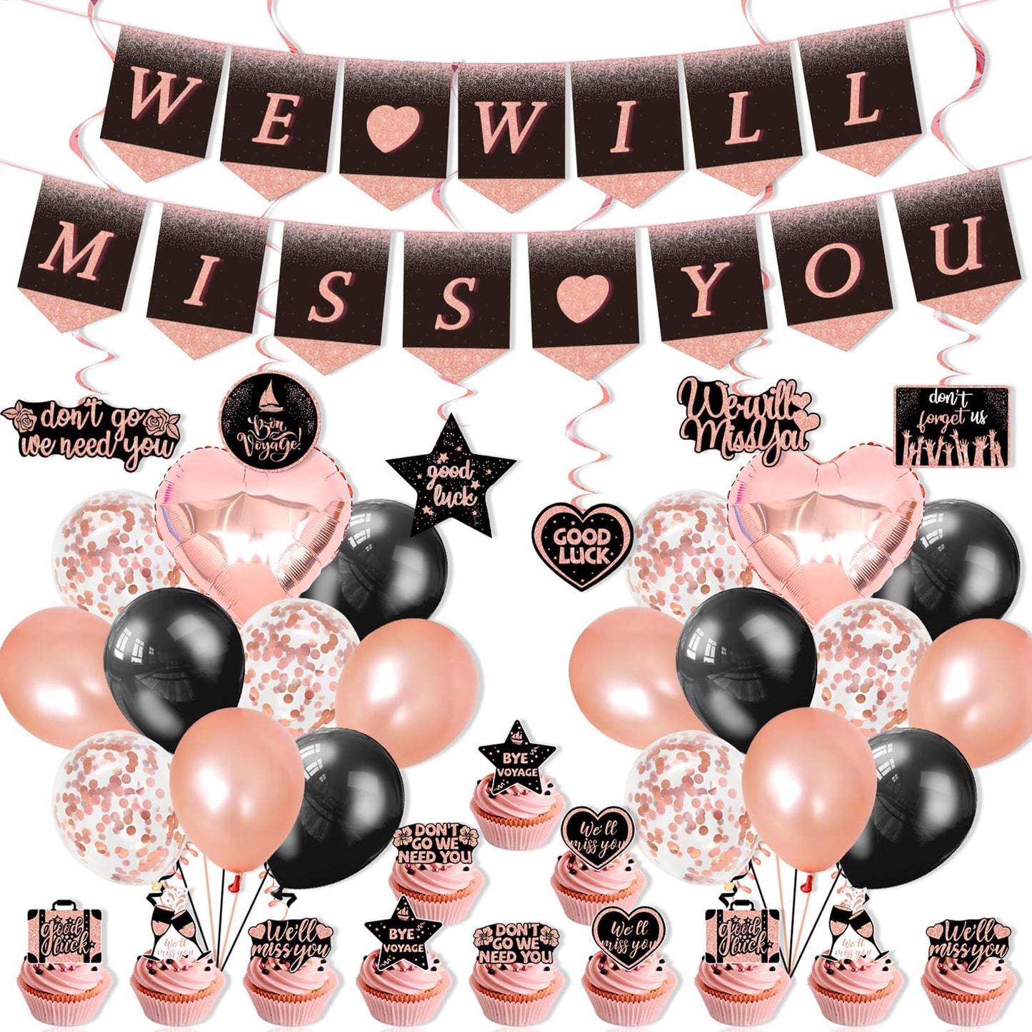 Rose Gold Farewell Party Decorations,We Will Miss You banner,Going away party decorations for Coworkers Goodbye, Rose Gold Hanging Swirls Balloon