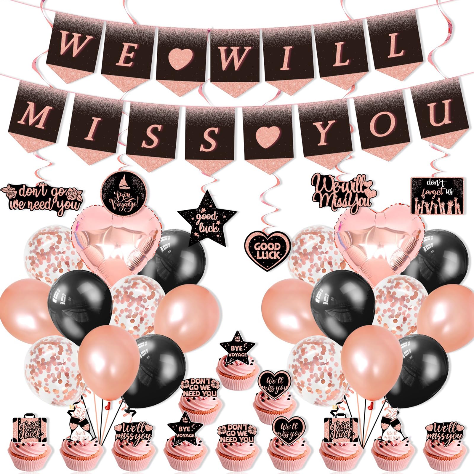 Rose Gold Farewell Party Decorations,We Will Miss You banner,Going away party decorations for Coworkers Goodbye, Rose Gold Hanging Swirls Balloon