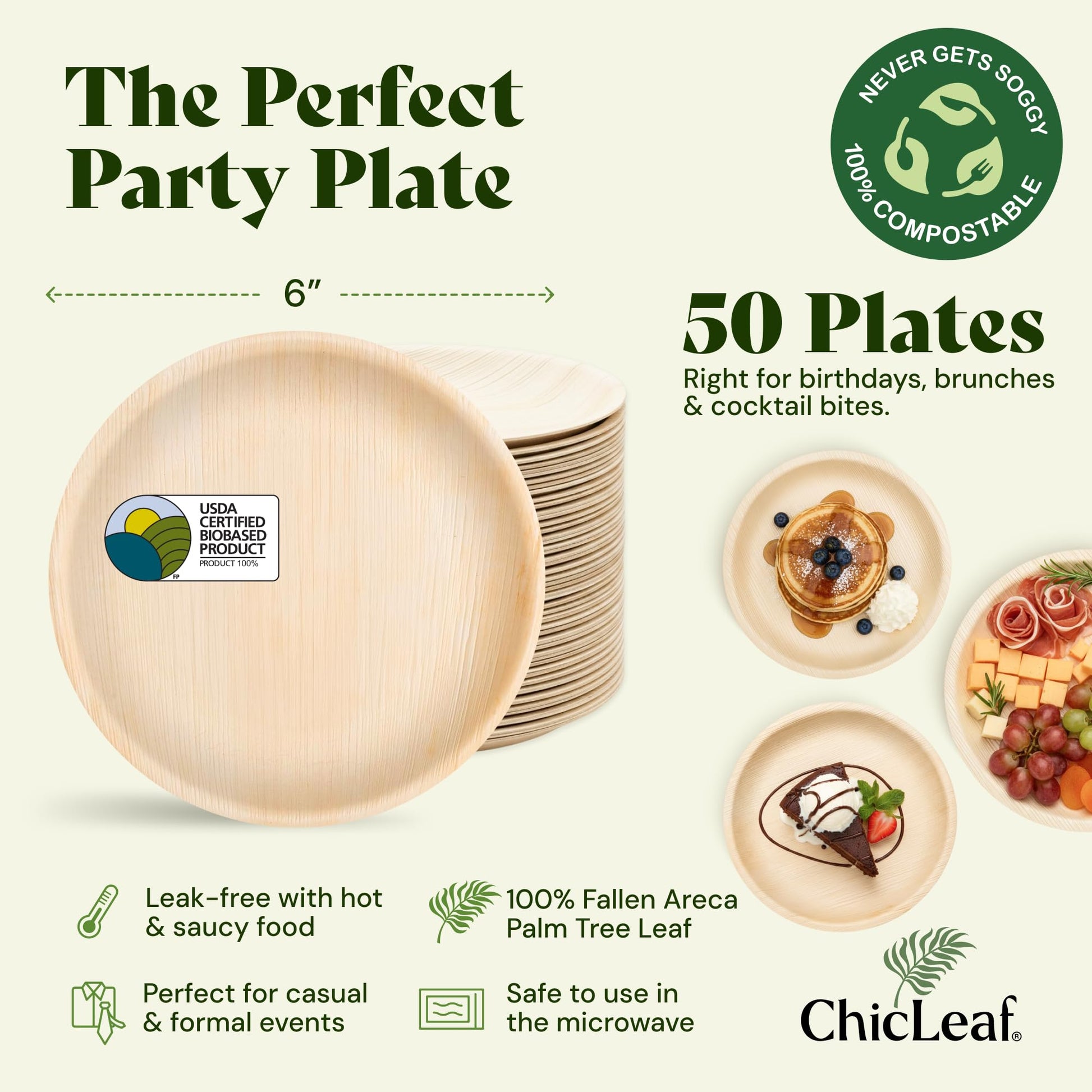 Chic Leaf Palm Leaf Plates - 6 in Round, 50 Pack, Compostable