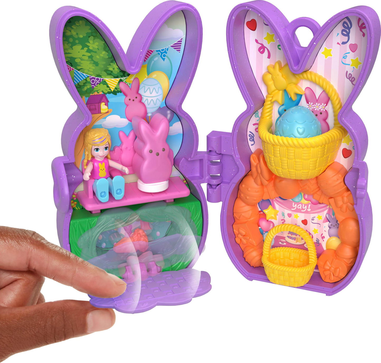 Polly Pocket x Peeps, 6 Micro Dolls & 2 Playsets with 6 Themed Accessories & Clip Keychains, Travel Toy, Partnership Compact
