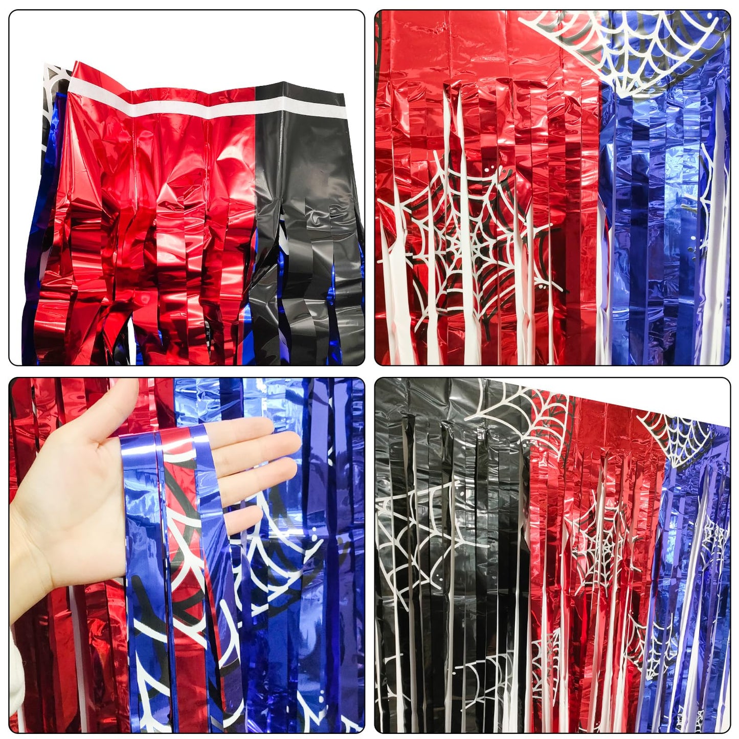 XSCSFWEQR 2 Pack 3.3 Ft x 6.6 Ft Spider Web Red Black Blue Metallic Tinsel Foil Fringe Curtains Shimmering Streamers Backdrop Photo Props for Spider