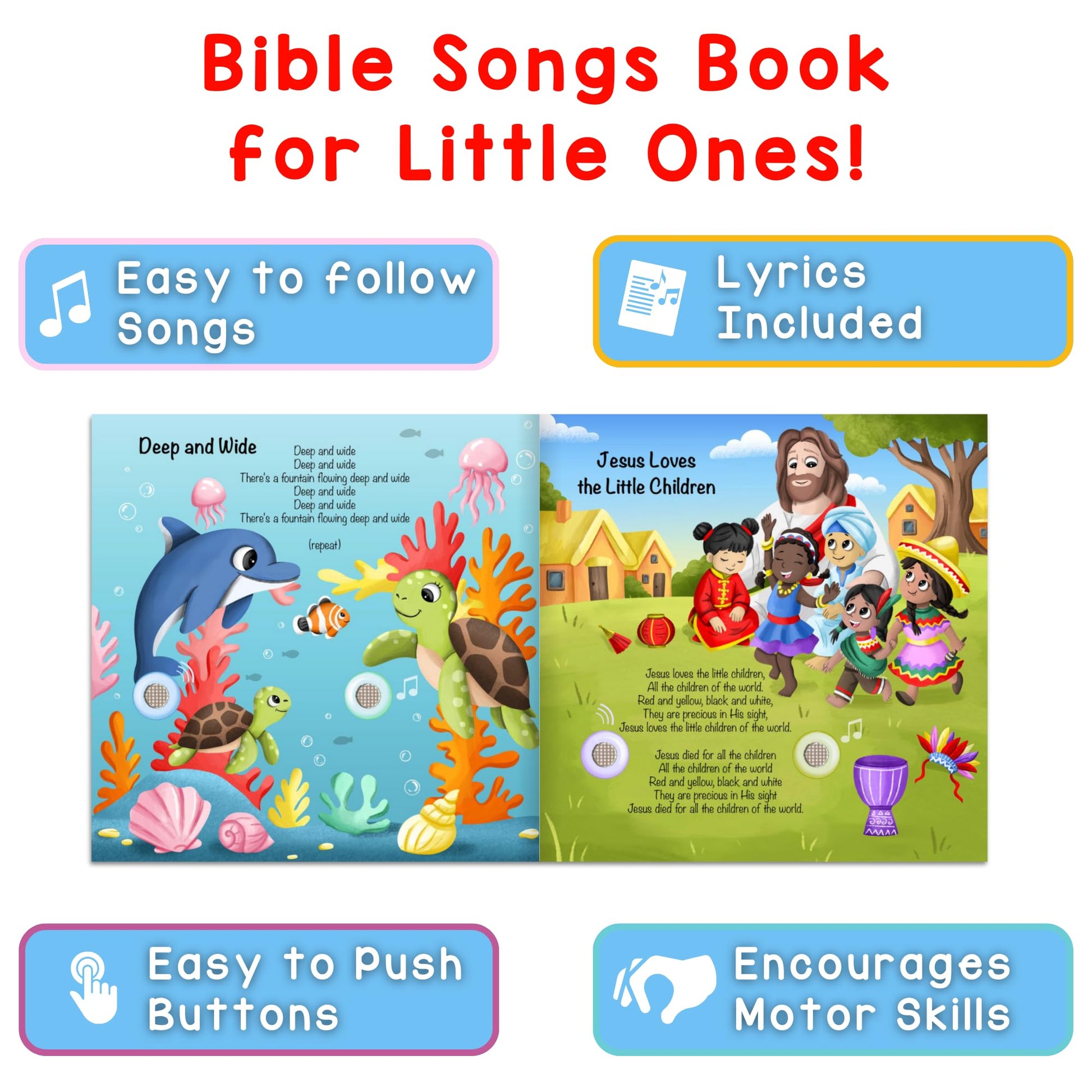 LEARNING BUGS Christian Bible Songs - 15 Songs of Faith for Little Ones, Musical Books for Toddlers, 28-Button Music Book, Musical Toys for Toddlers