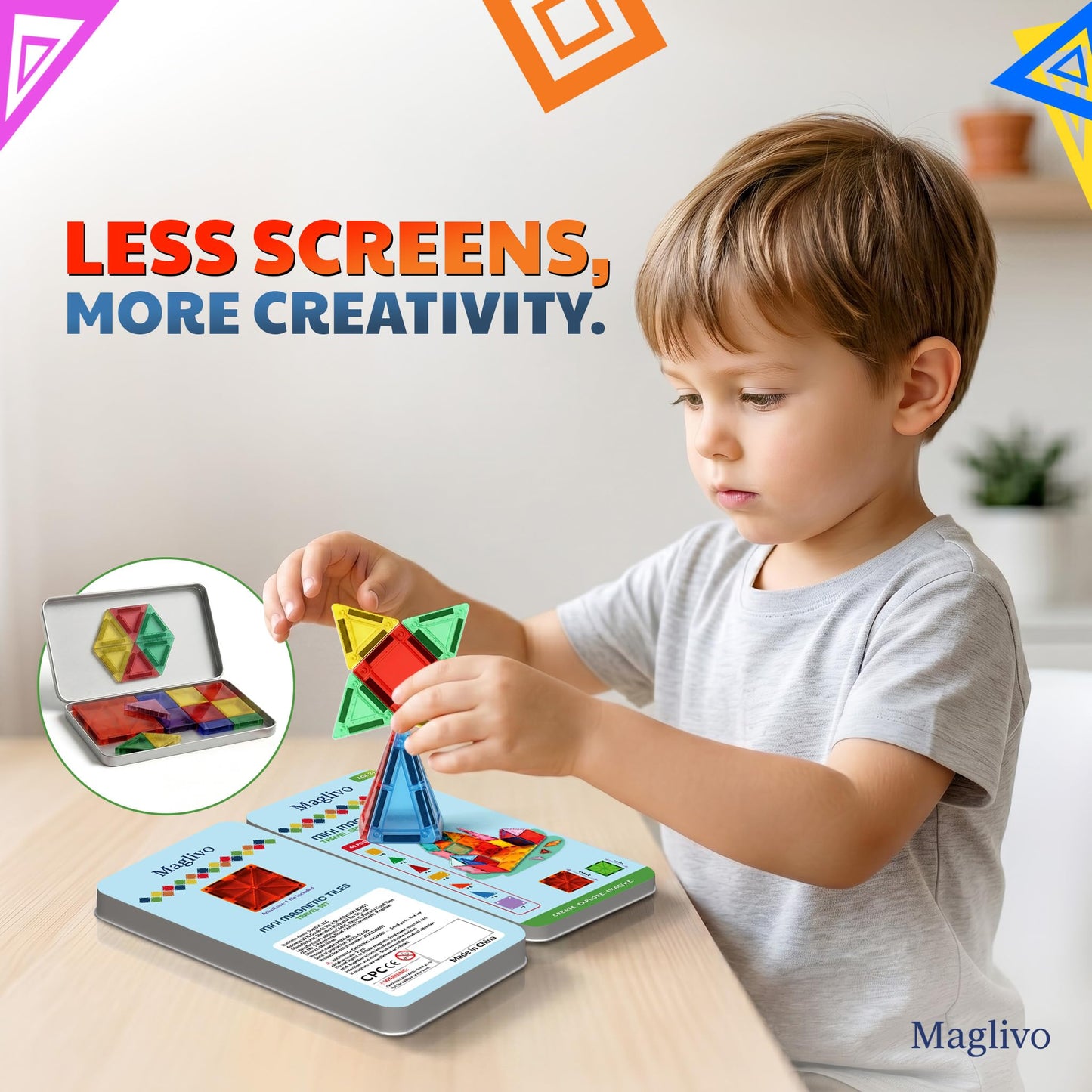 MAGLIVO Mini Magnetic Tiles Travel Set 40 Pcs, Our is W/1 Bigger Tile, Mini Magnetic Tiles with Case for Kids- Travel Magnetiles-Magnet Tiles Travel