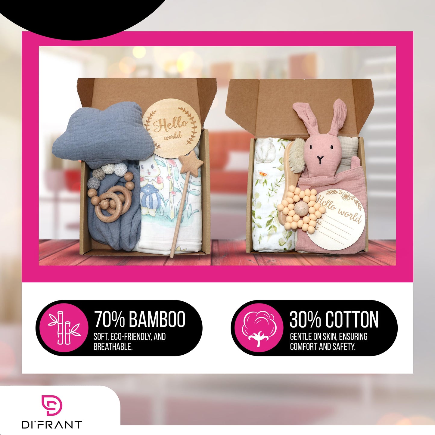 DI'FRANT® Newborn Baby Gift Box | Baby Essentials Educational Teething Toy & Soothing Crochet Rattle Set |Baby Boy Stuff Bamboo & Cotton | Perfect