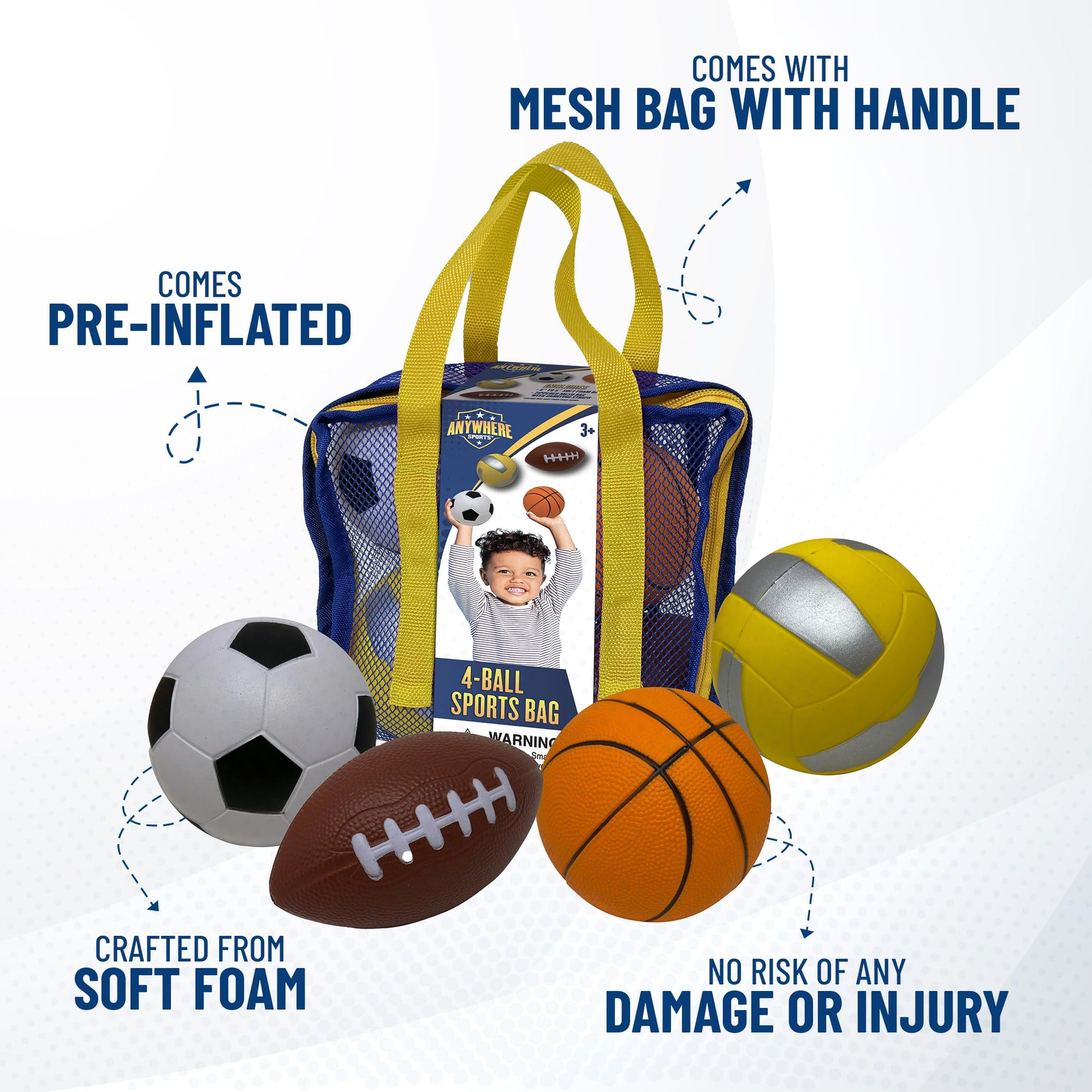 Nature Bound Mini 4-Ball Sports Bag - Soft Foam Balls Set for Kids - Basketball, Soccer, Volleyball, Football - Safe Indoor and Outdoor Play - No Pump