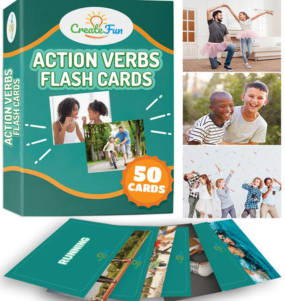 CreateFun 50 Action Verbs Flash Cards for Speech Therapy & ESL Vocabulary