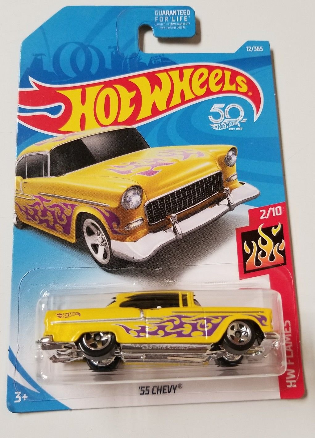 Hot Wheels 2018 50th Anniversary HW Flames '55 Chevy 12/365, Yellow
