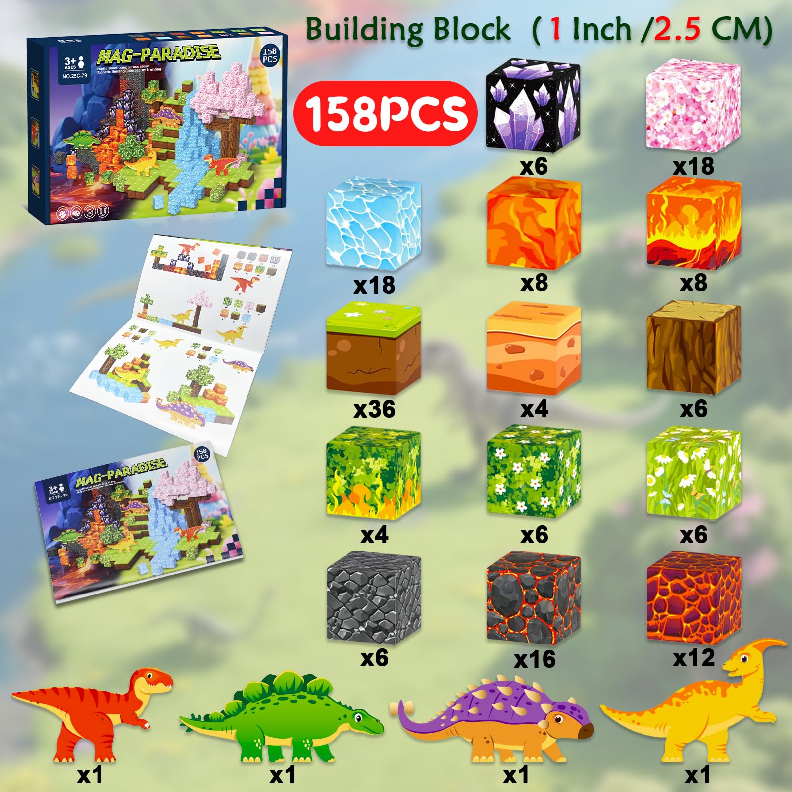 158PCS Magnetic Blocks- 1Inch Magnetic Cubes 3D Dinosaur World for Kids STEM Construction Toys - Learning Educational Magnetic Building Blocks