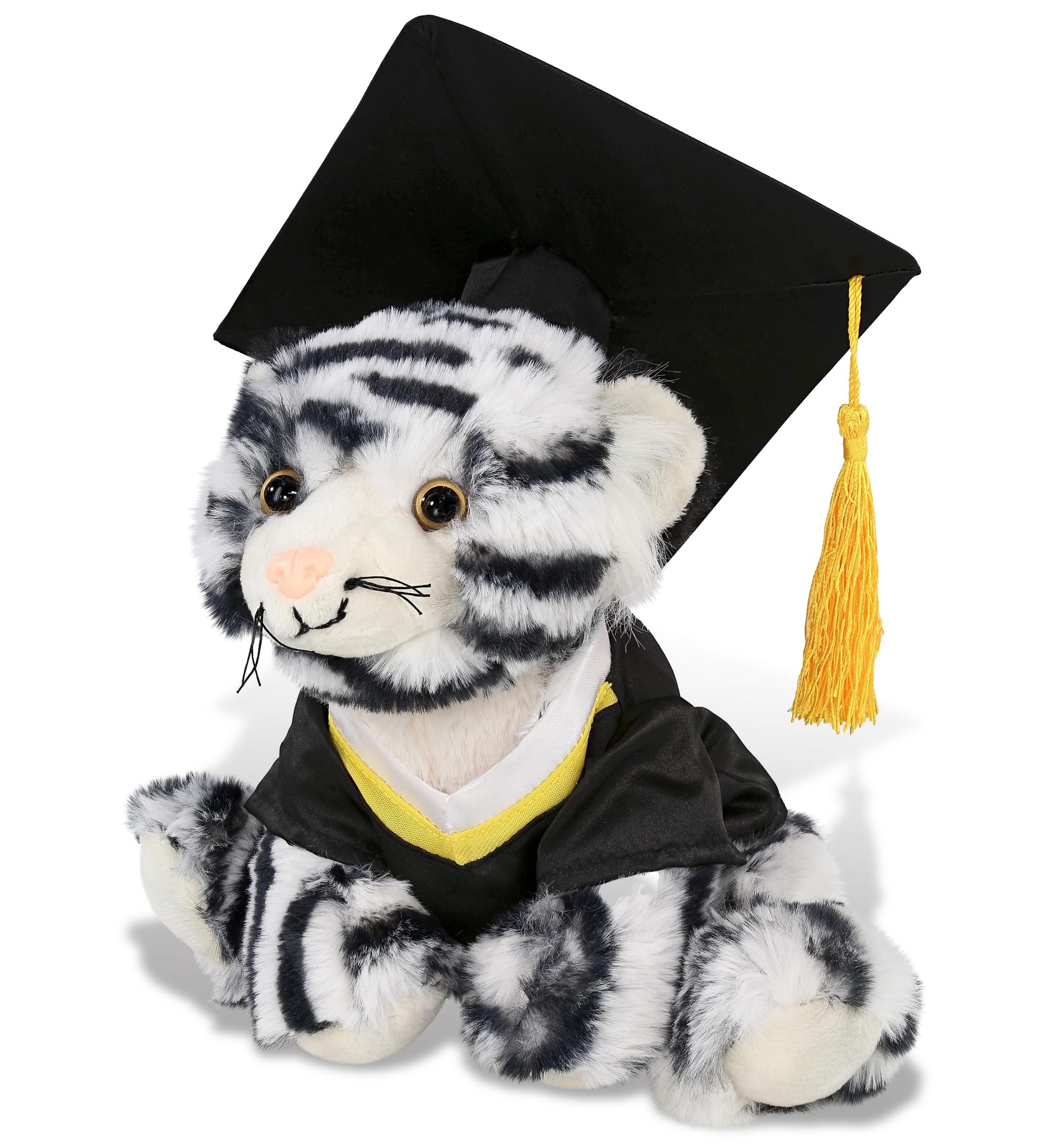 DolliBu Squat White Tiger Graduation Plush Toy - Soft Tiger Plush Graduation Stuffed Animal Dress Up with Gown & Cap with Tassel Outfit - Gift