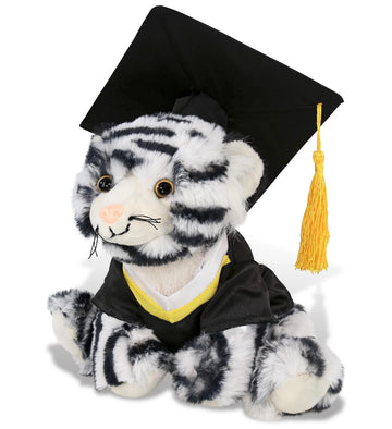 DolliBu Squat White Tiger Graduation Plush Toy - Soft Tiger Plush Graduation Stuffed Animal Dress Up with Gown & Cap with Tassel Outfit - Gift