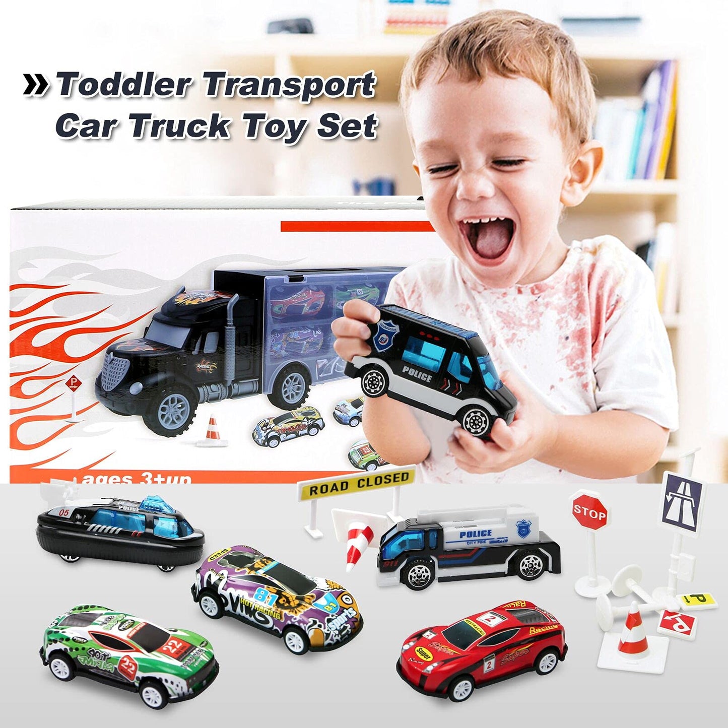 Toddler Toys for 3-4 Year Old Boys,Large Transport Cars Carrier Set Truck Toys with 12 Die cast Vehicles Truck Toys Cars,Ideal Christmas Easter Gifts